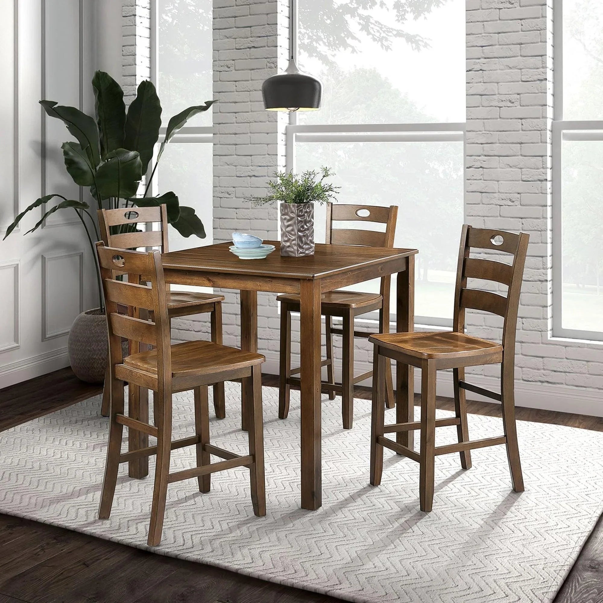 36"H Solid Rubberwood and Wood Veneer 5-Piece Counter Height Table Set