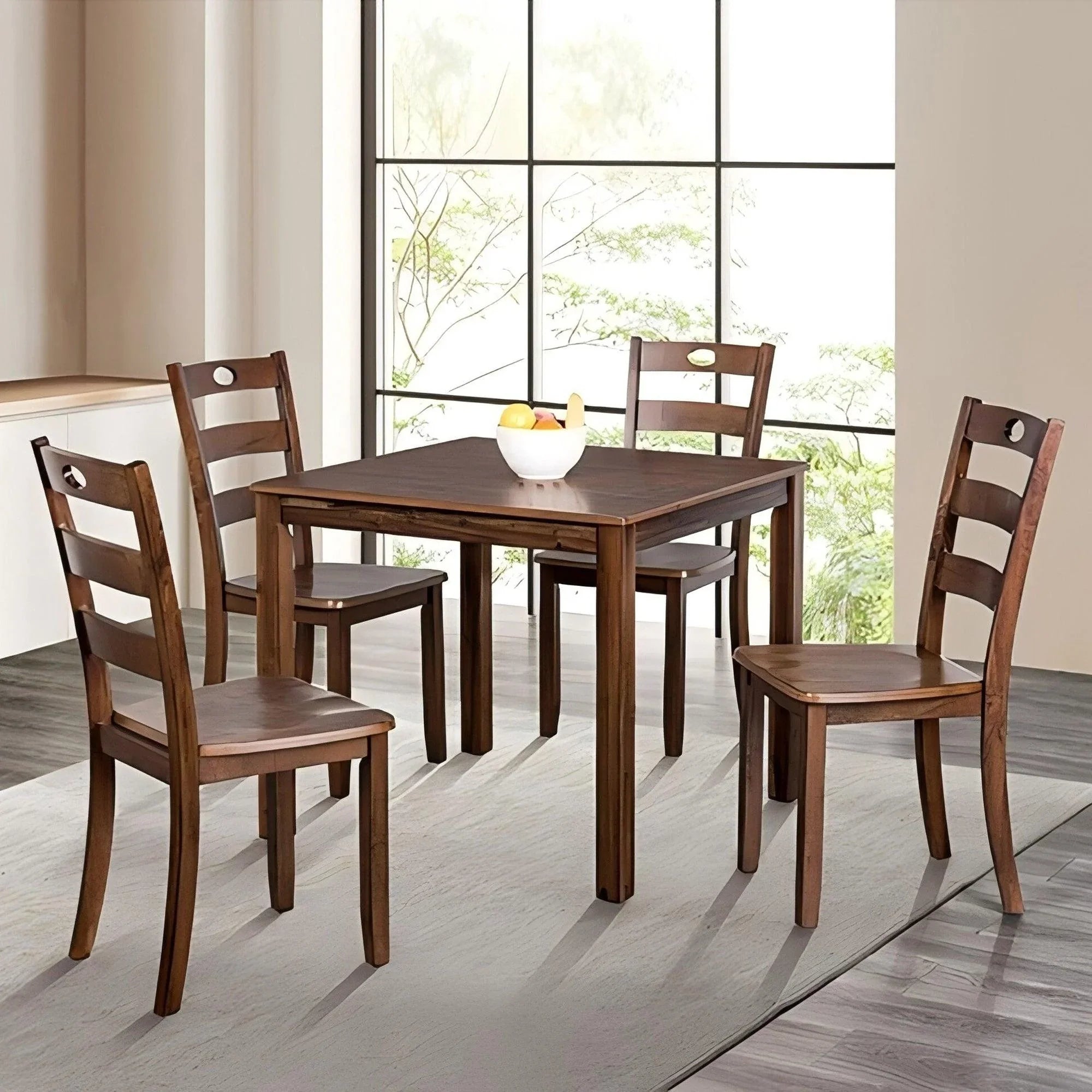5-Piece Dining Set with Solid Rubberwood Table and Slat Back Chairs