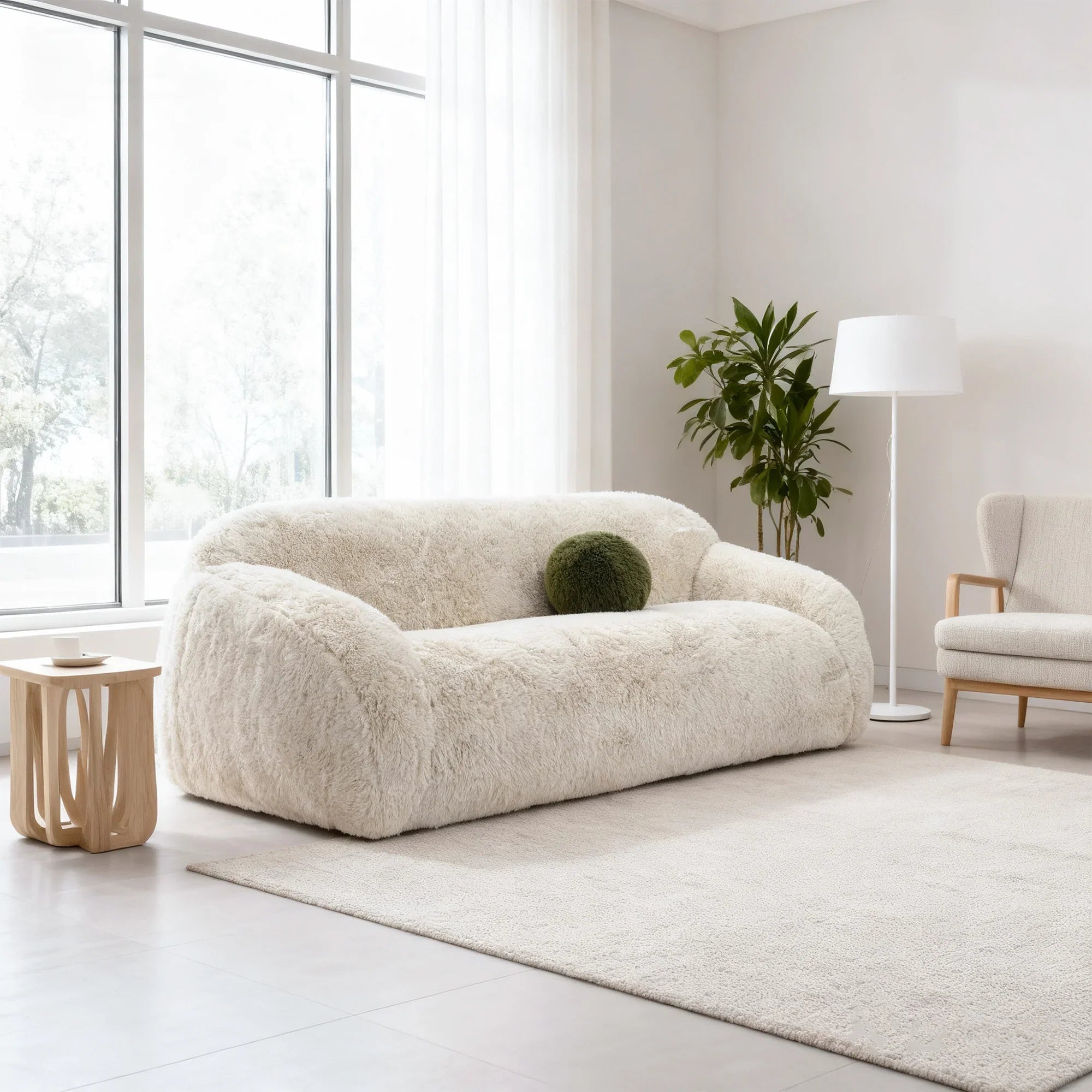 84" Darwen Modern Faux Fur Sofa with Ball Pillow