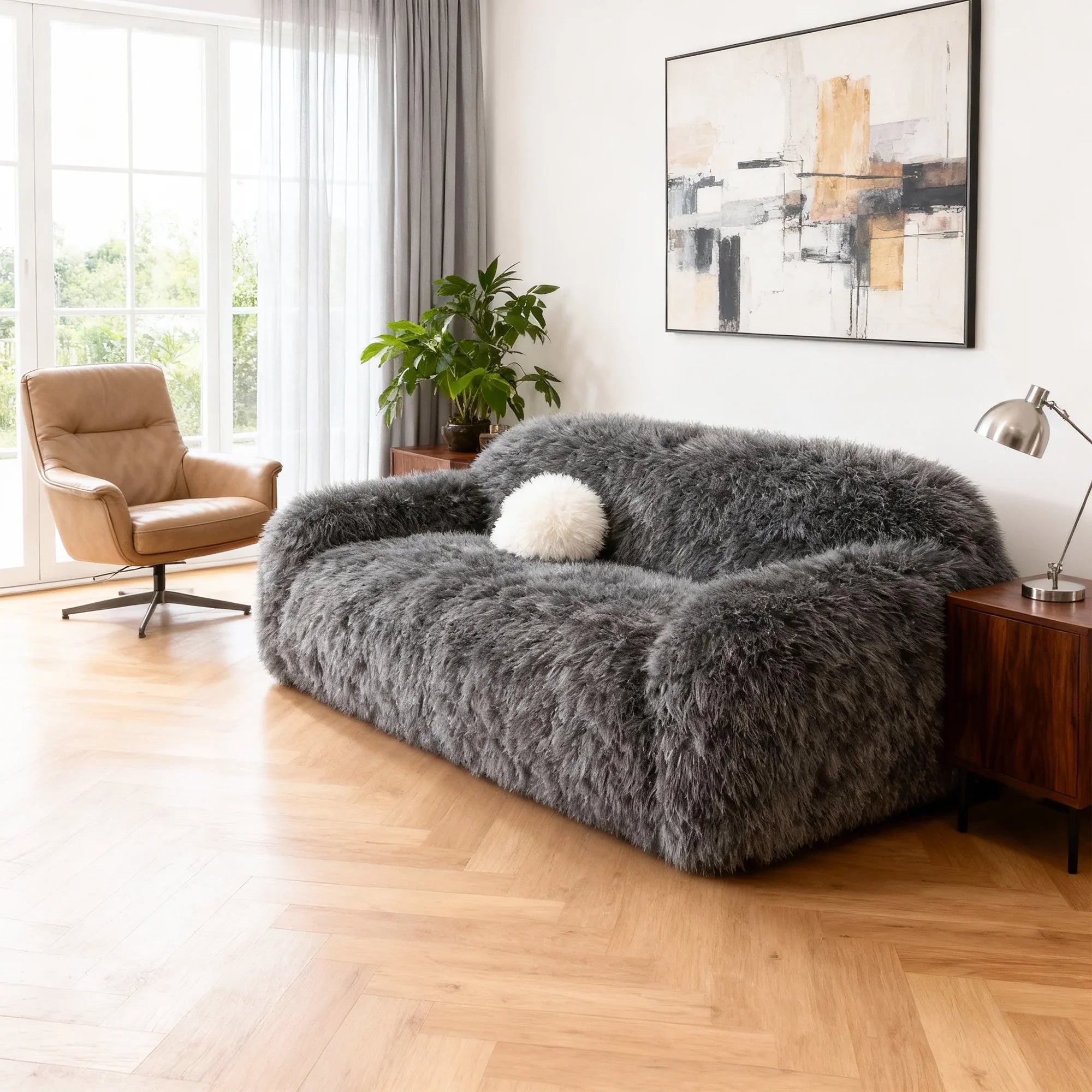 84" Darwen Modern Faux Fur Sofa with Ball Pillow