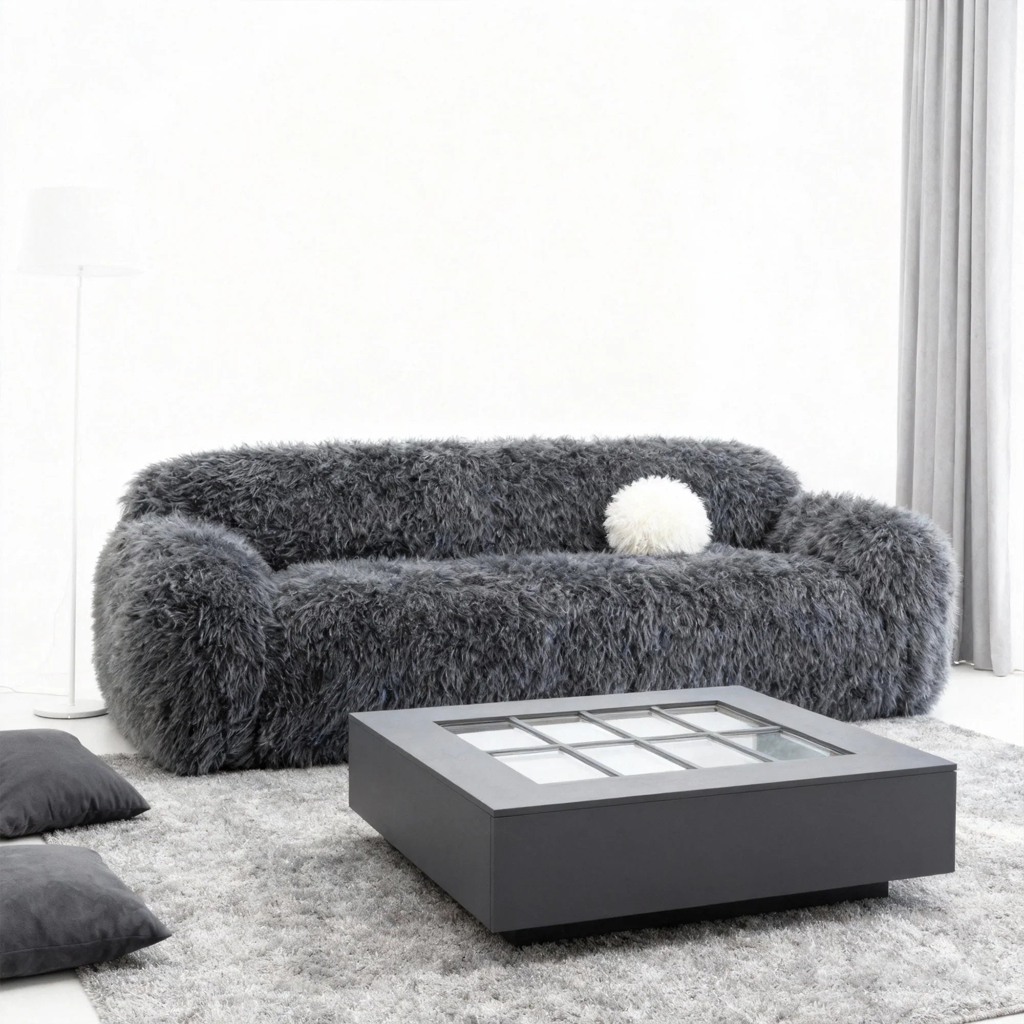 84" Darwen Modern Faux Fur Sofa with Ball Pillow