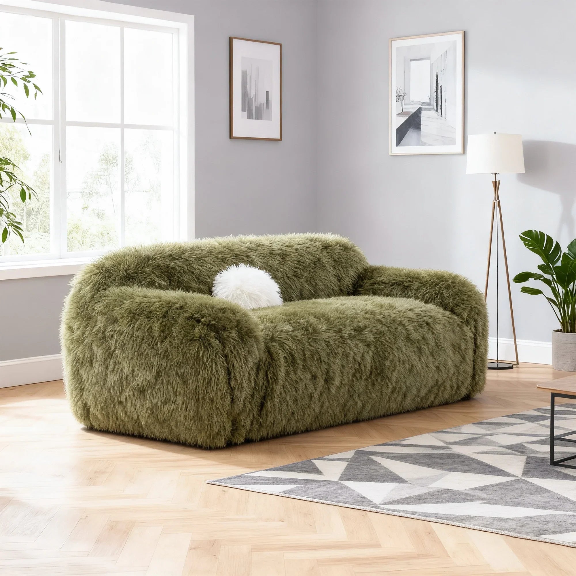 66" Darwen Modern Faux Fur Loveseat with Ball Pillow