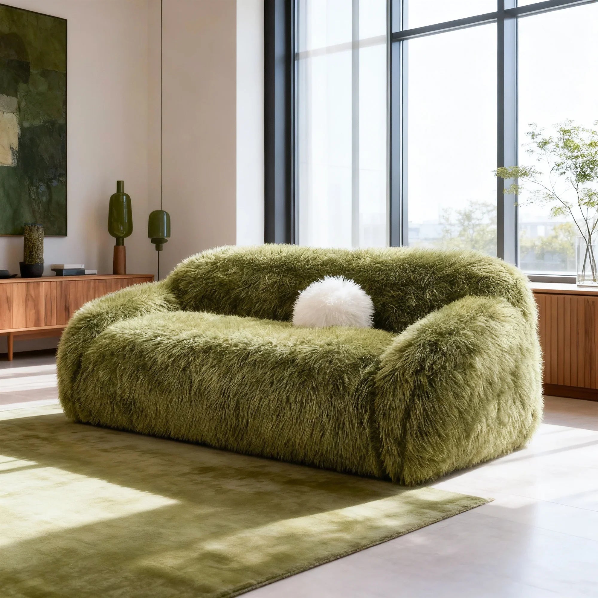 84" Darwen Modern Faux Fur Sofa with Ball Pillow