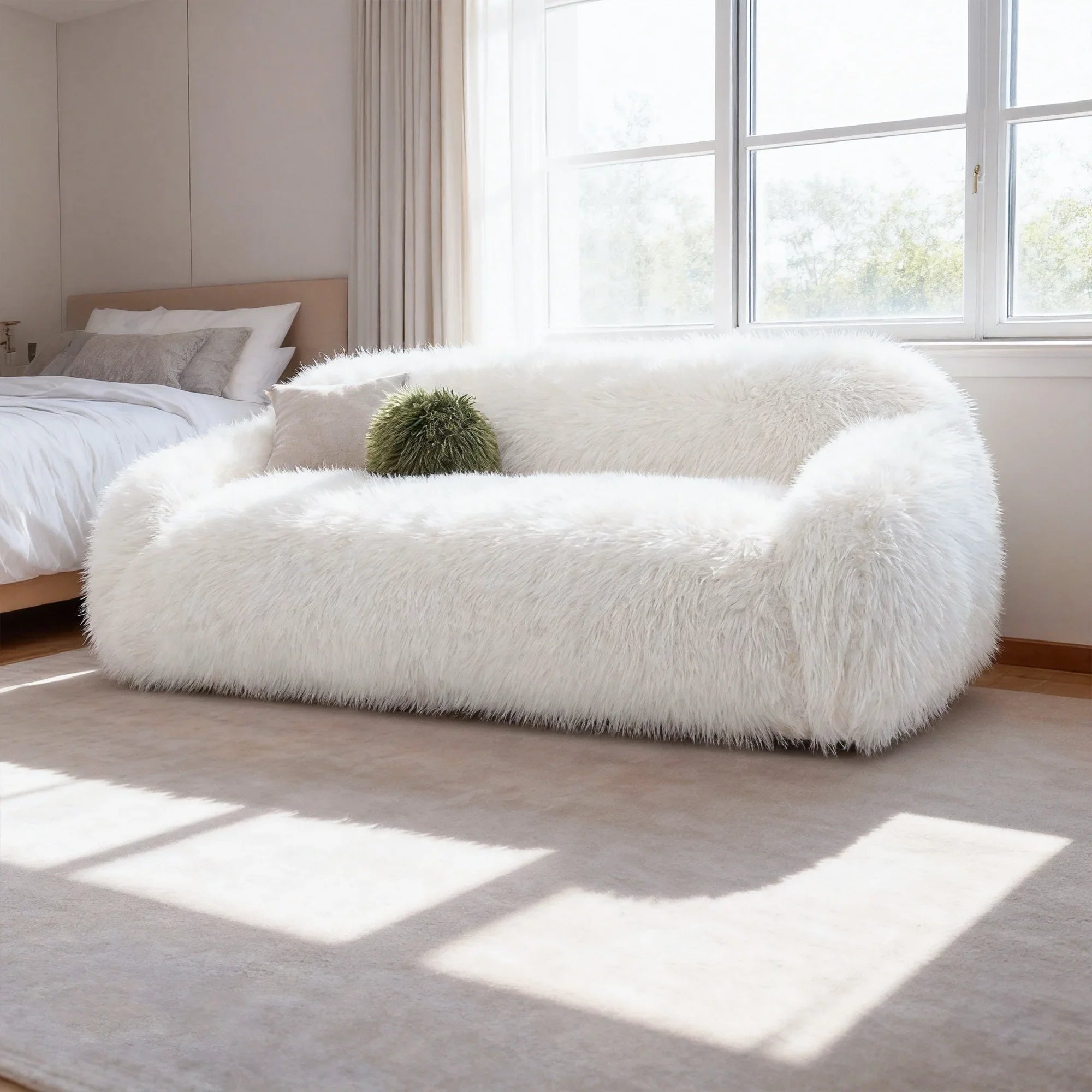 84" Darwen Modern Faux Fur Sofa with Ball Pillow