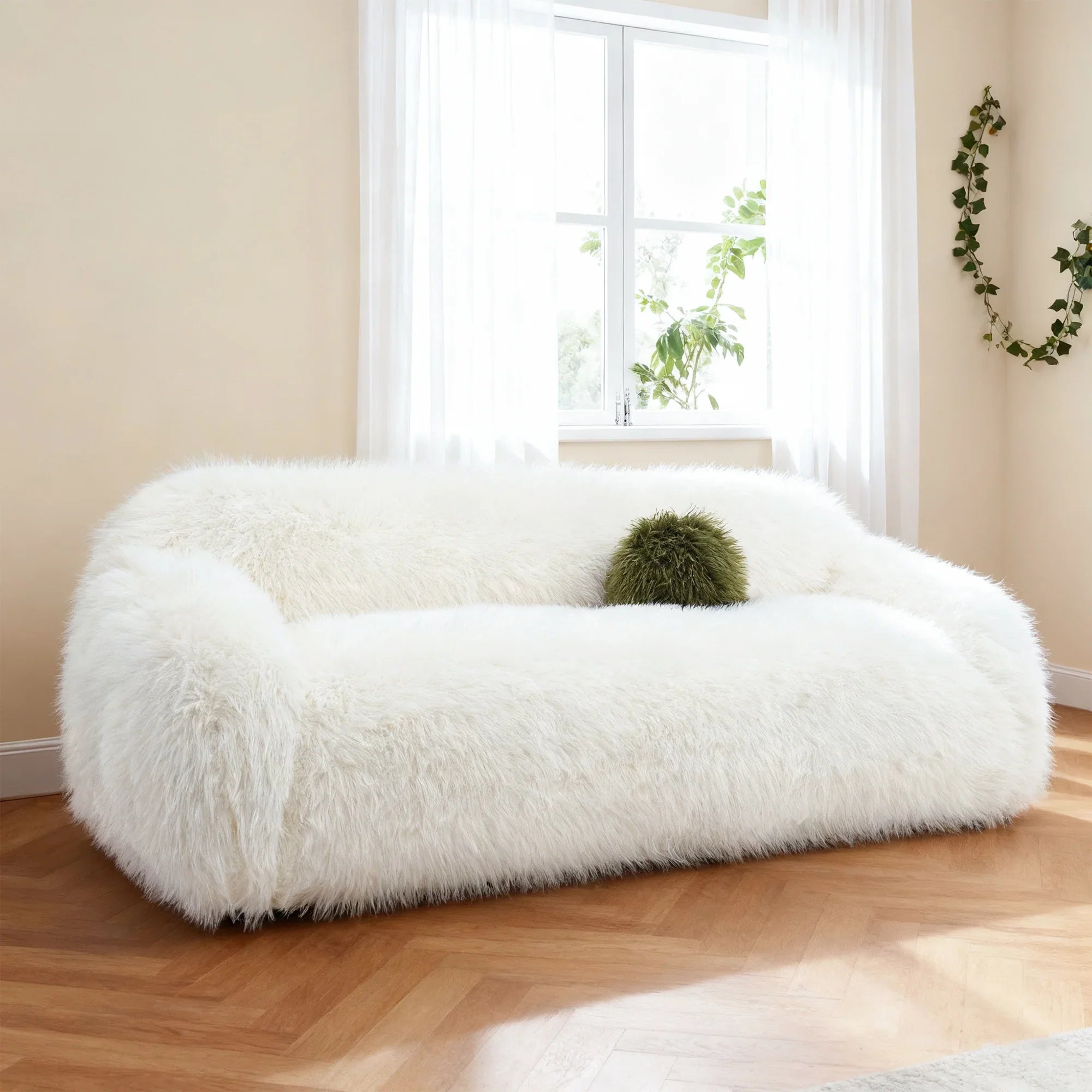 84" Darwen Modern Faux Fur Sofa with Ball Pillow