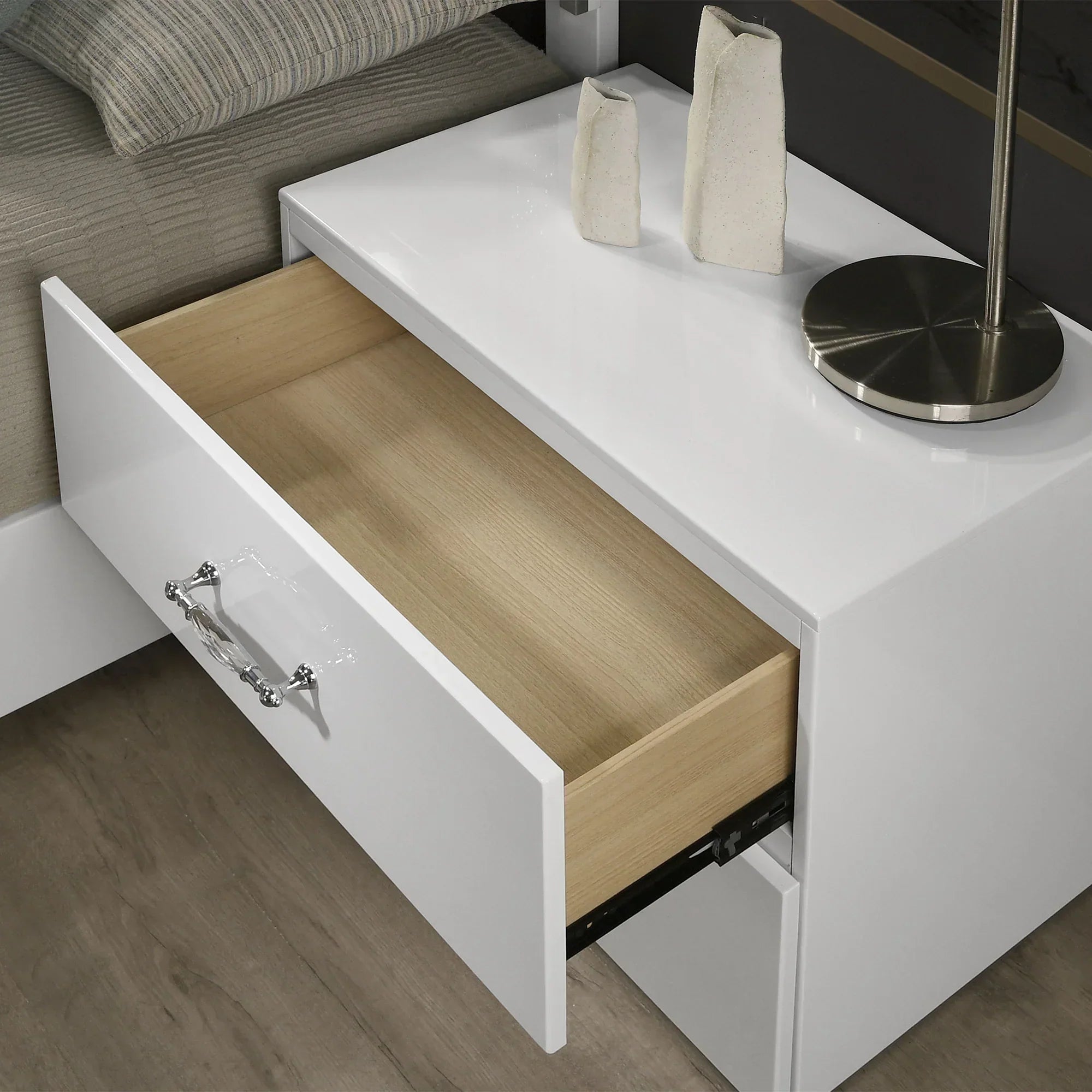 Modern White Nightstand with Chrome Handles and 2 Drawers Set Of 2