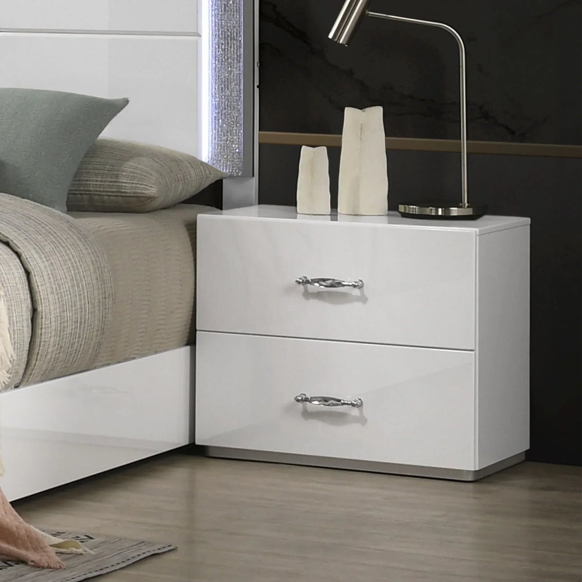 Modern White Nightstand with Chrome Handles and 2 Drawers Set Of 2