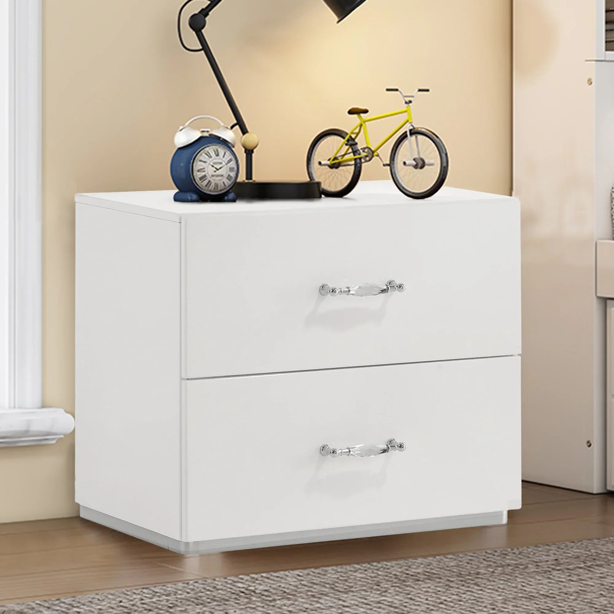 Modern White Nightstand with Chrome Handles and 2 Drawers Set Of 2