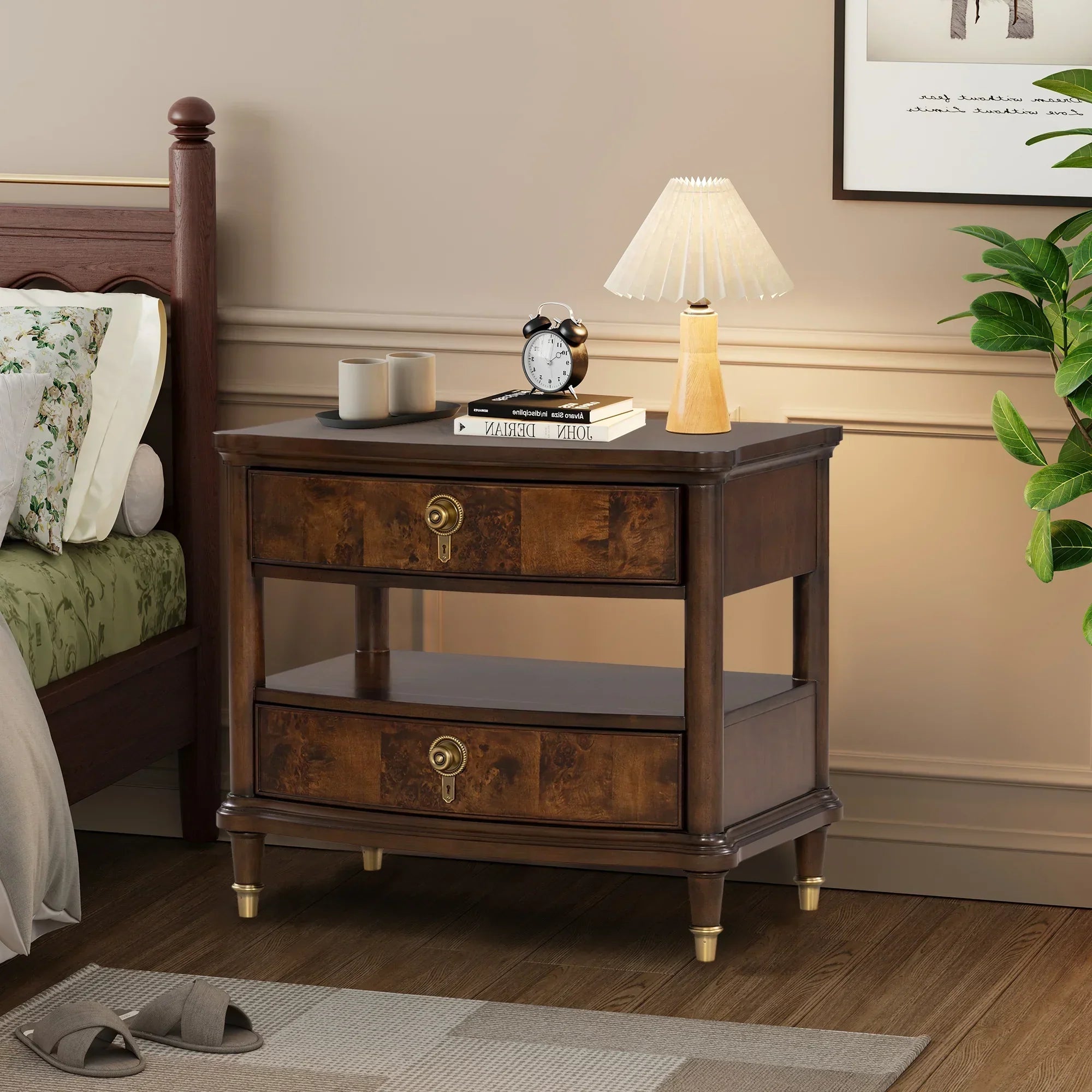 30.5" French Country Nightstand with Built-In Power Outlet and LED Light