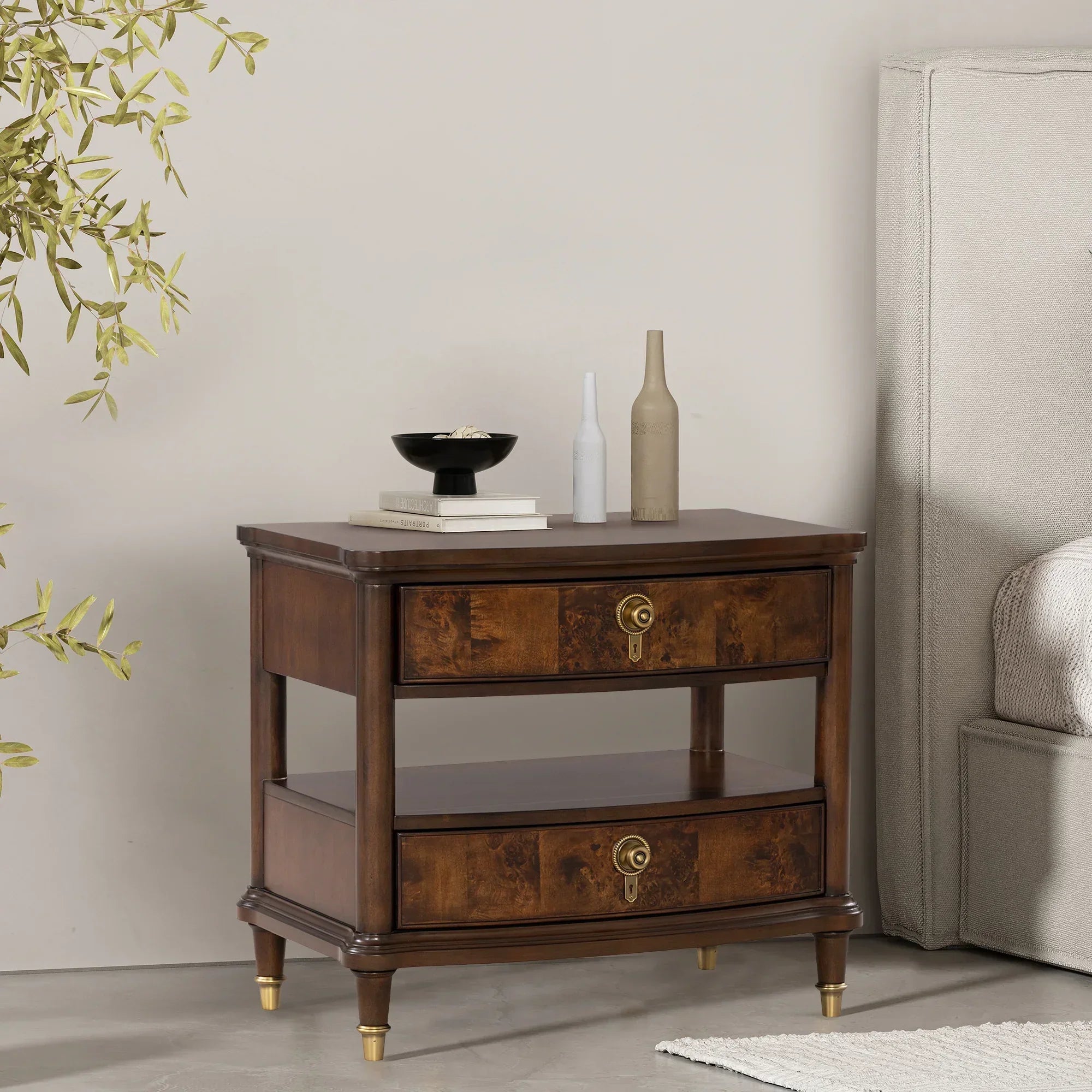 30.5" French Country Nightstand with Built-In Power Outlet and LED Light