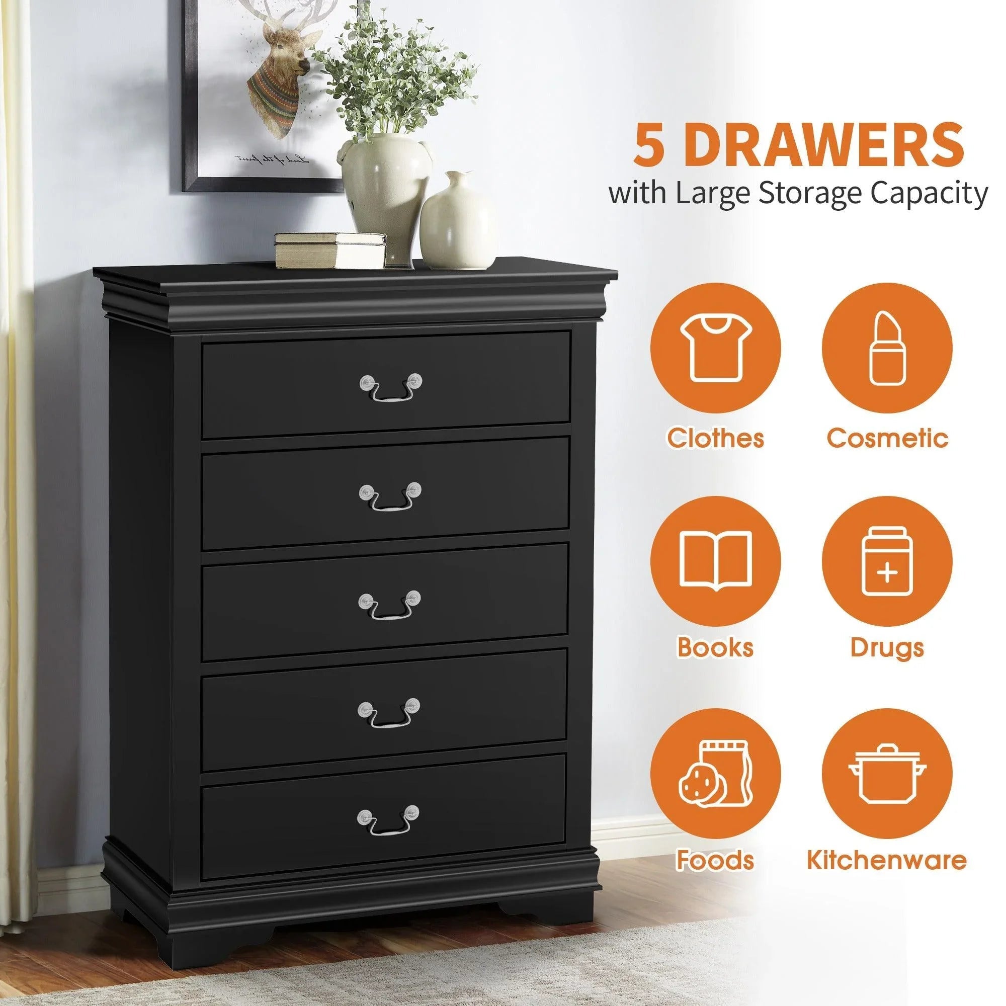 Transitional 5-Drawer Dresser Chest with Classic Bracket Feet