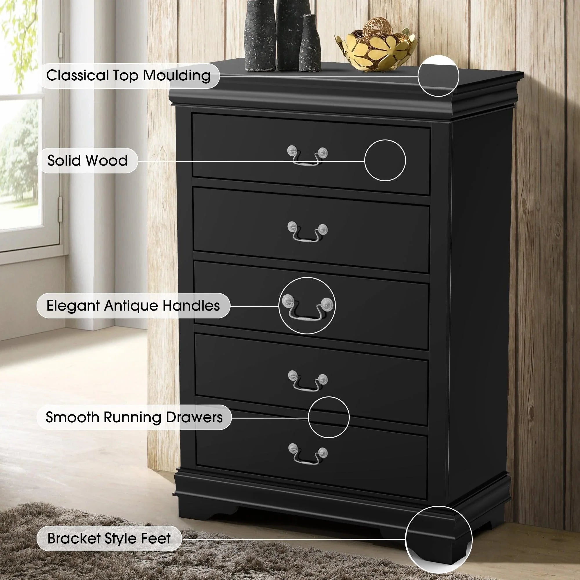 Transitional 5-Drawer Dresser Chest with Classic Bracket Feet