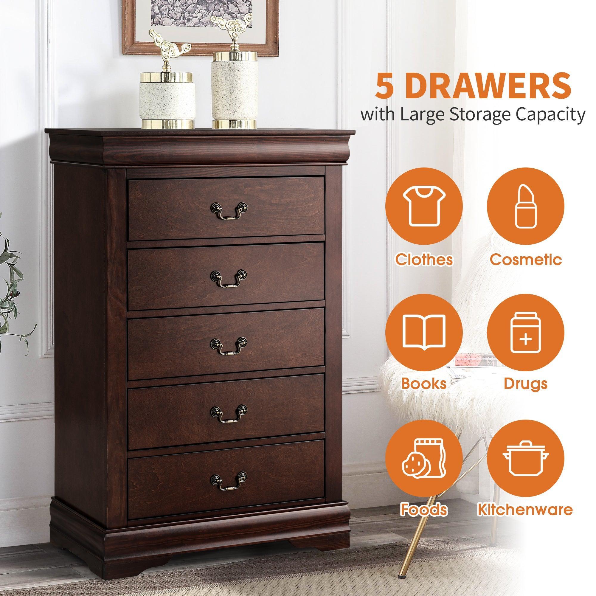 Transitional 5-Drawer Dresser Chest with Classic Bracket Feet