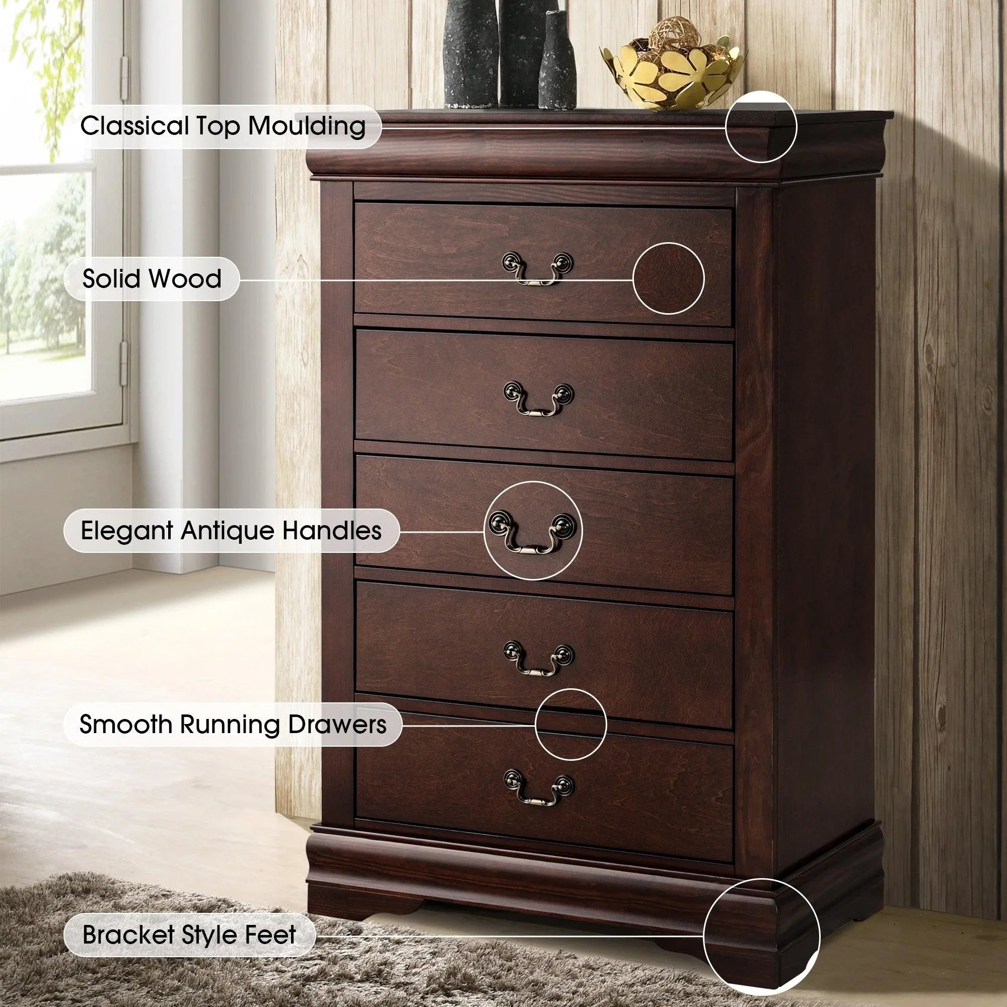 Transitional 5-Drawer Dresser Chest with Classic Bracket Feet