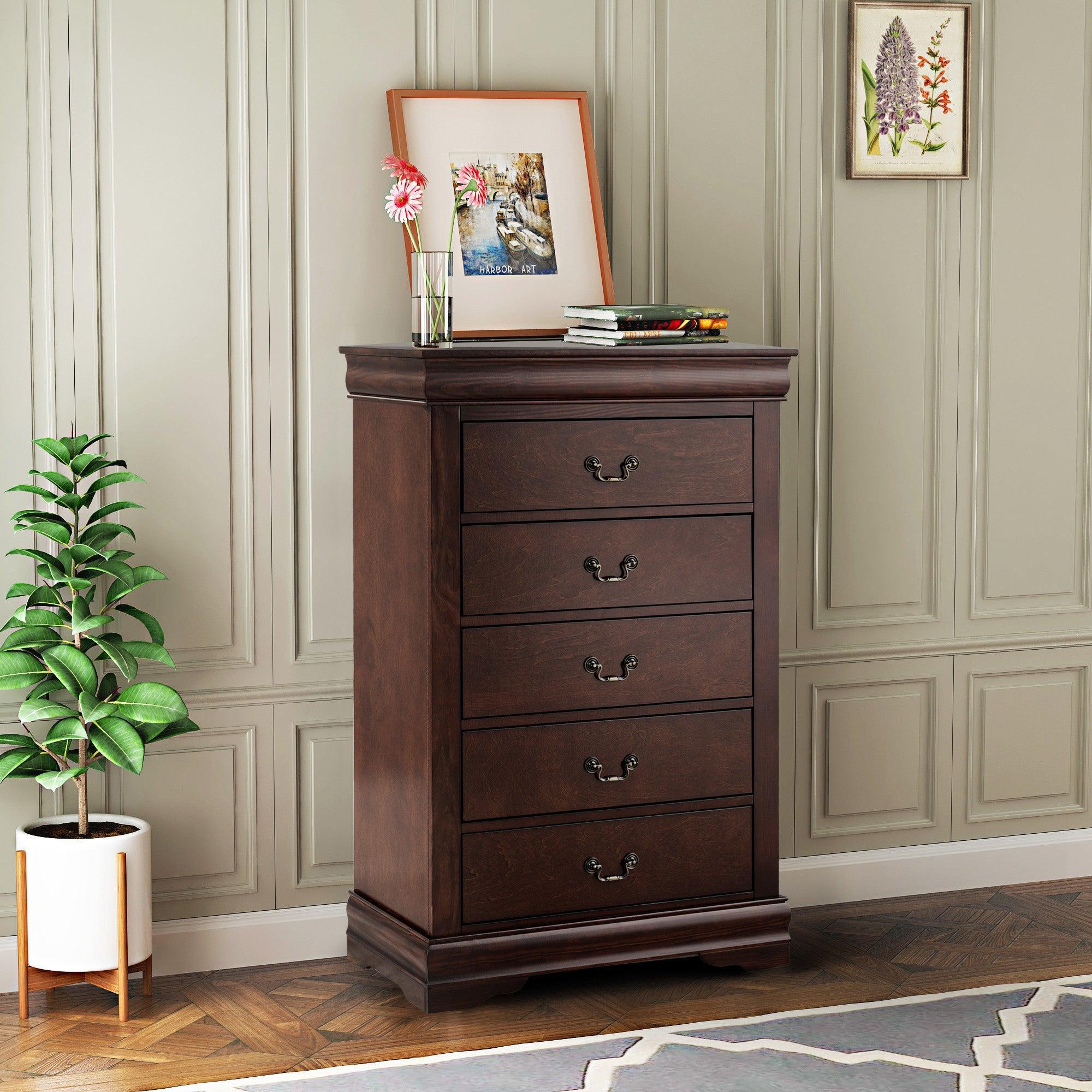 Transitional 5-Drawer Dresser Chest with Classic Bracket Feet