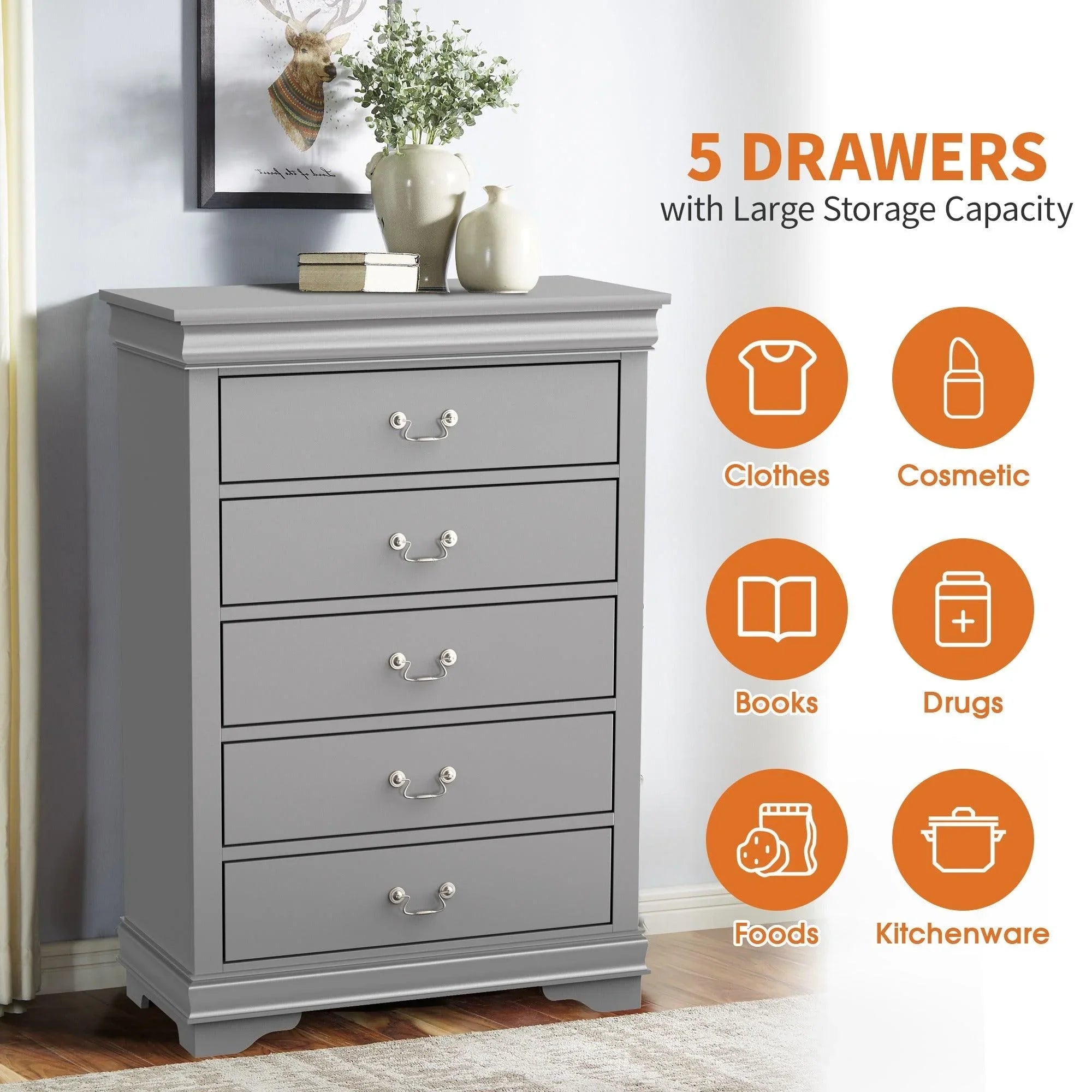 Transitional 5-Drawer Dresser Chest with Classic Bracket Feet