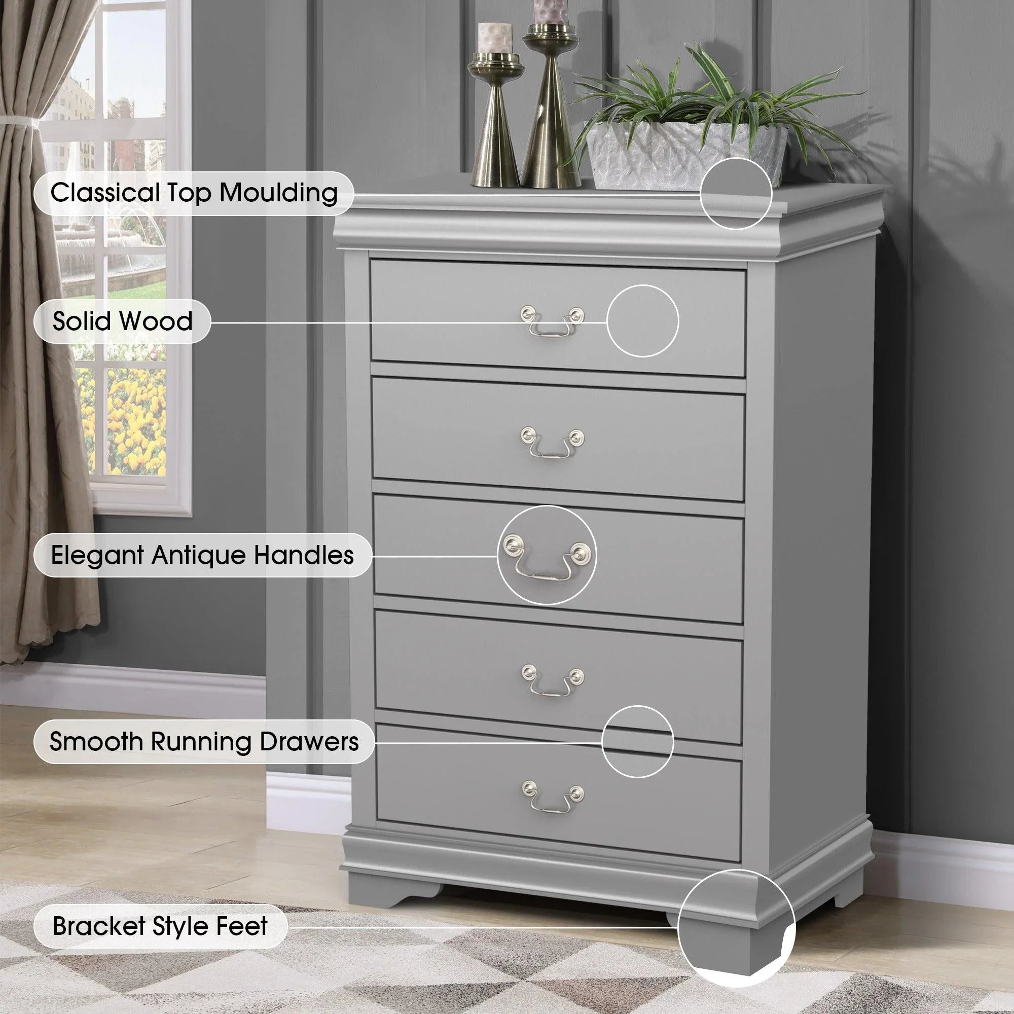 Transitional 5-Drawer Dresser Chest with Classic Bracket Feet