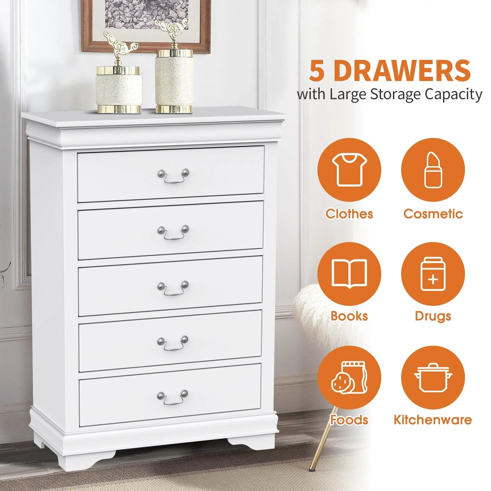 Transitional 5-Drawer Dresser Chest with Classic Bracket Feet