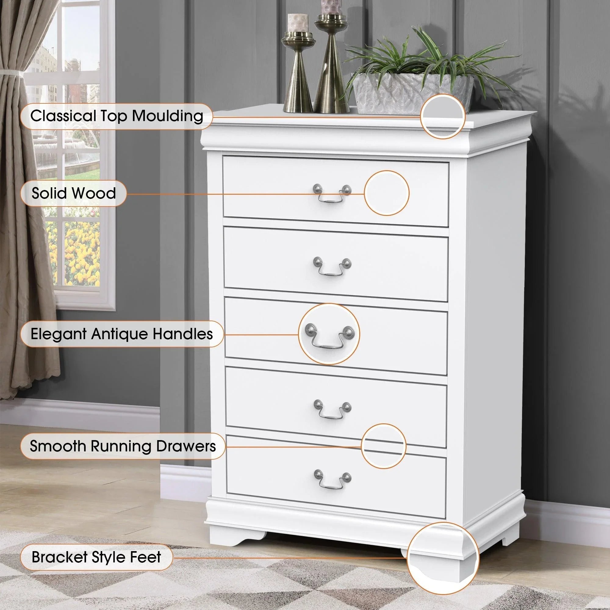 Transitional 5-Drawer Dresser Chest with Classic Bracket Feet
