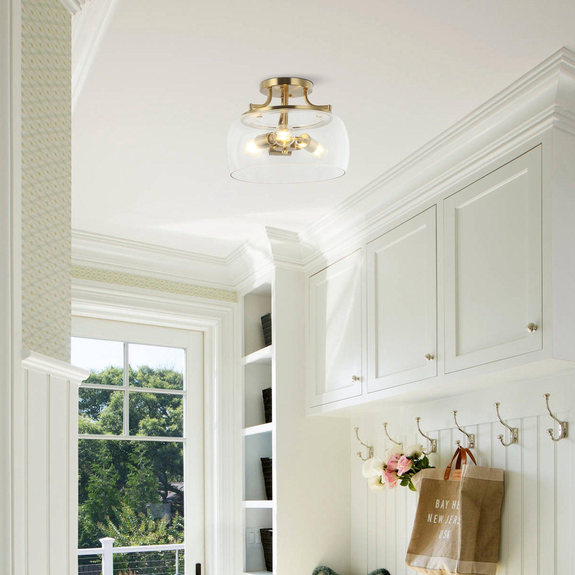 Clear Glass Shade 13 Inch Brass Gold 3-Light Semi Flush Mount Light