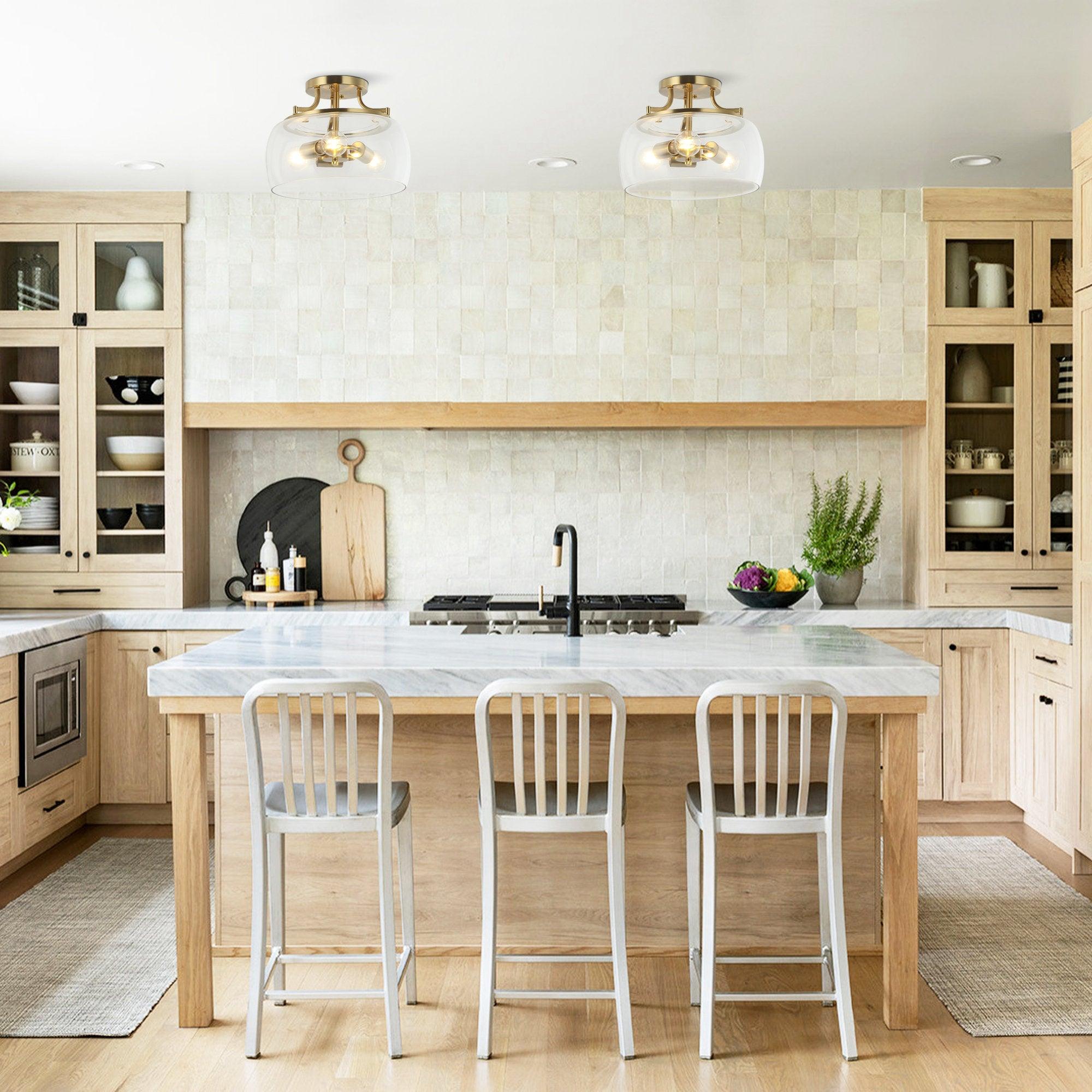 Clear Glass Shade 13 Inch Brass Gold 3-Light Semi Flush Mount Light