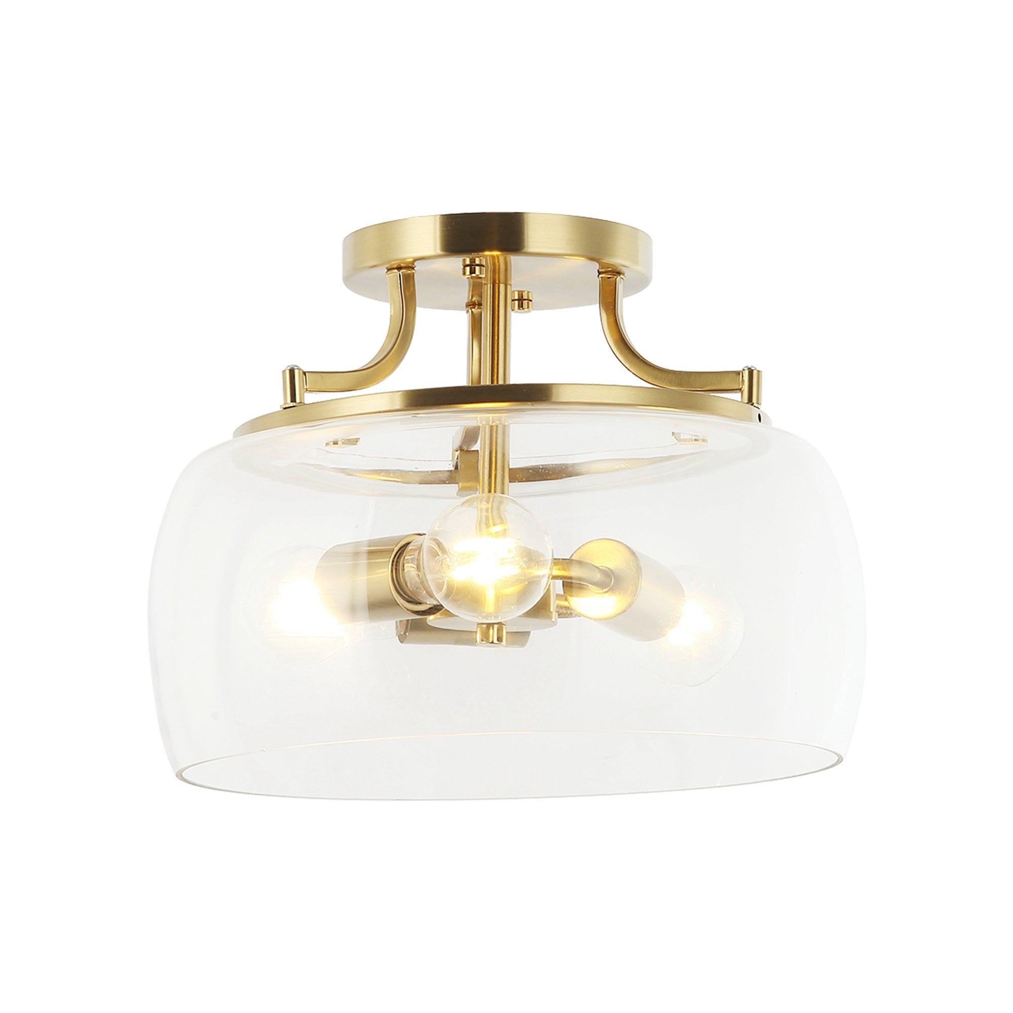 Clear Glass Shade 13 Inch Brass Gold 3-Light Semi Flush Mount Light