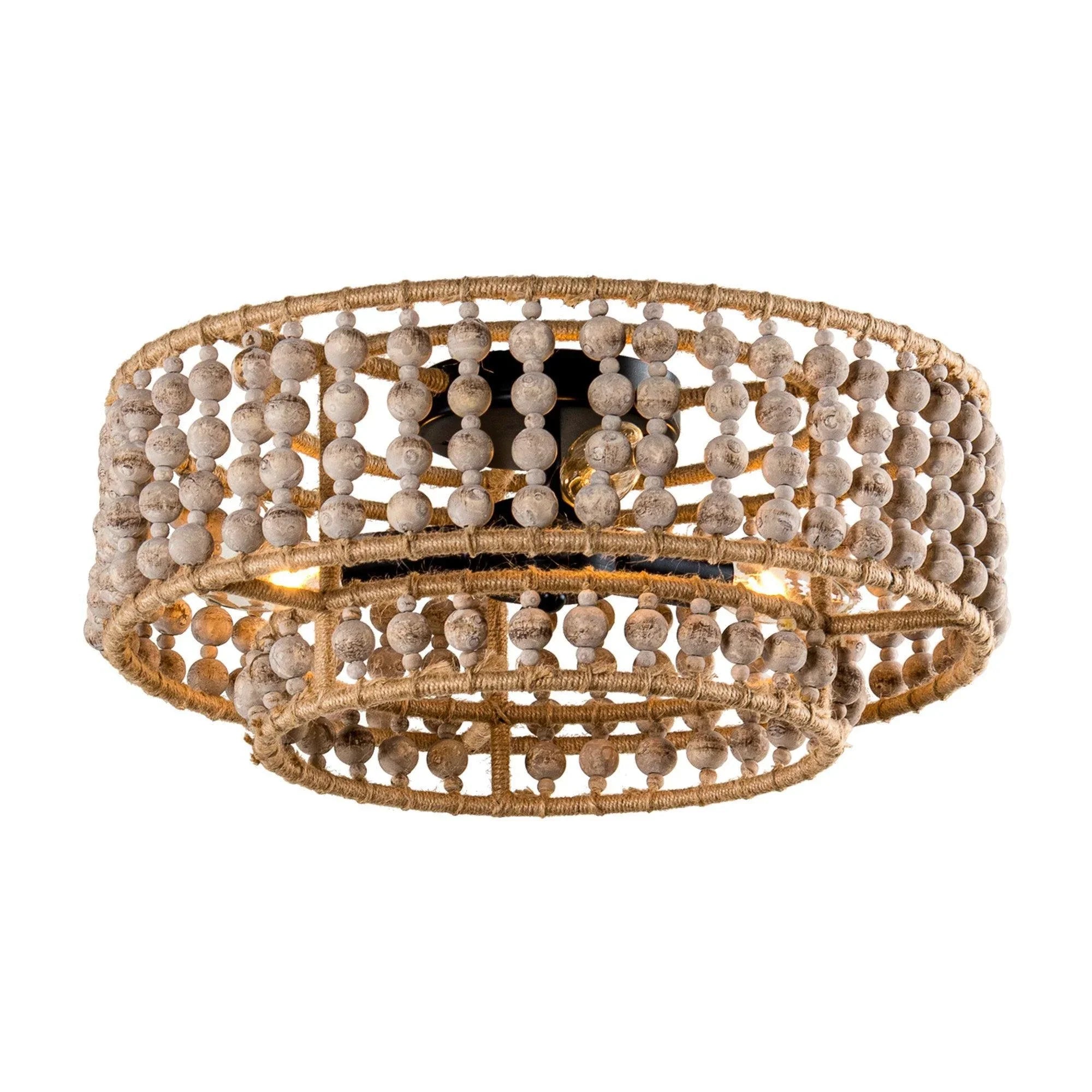 Farmhouse Wood Beaded 3-Light Flush Mount Ceiling Light - IPLUS Lighting