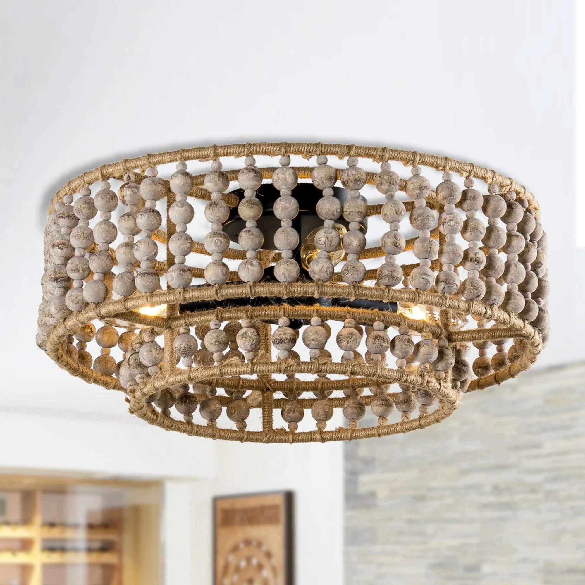 Farmhouse Wood Beaded 3-Light Flush Mount Ceiling Light - IPLUS Lighting
