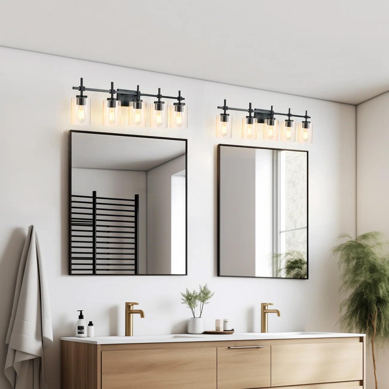 Brushed Nickel and Black Jasper Modern Clear Glass 5-Light Linear Vanity Light