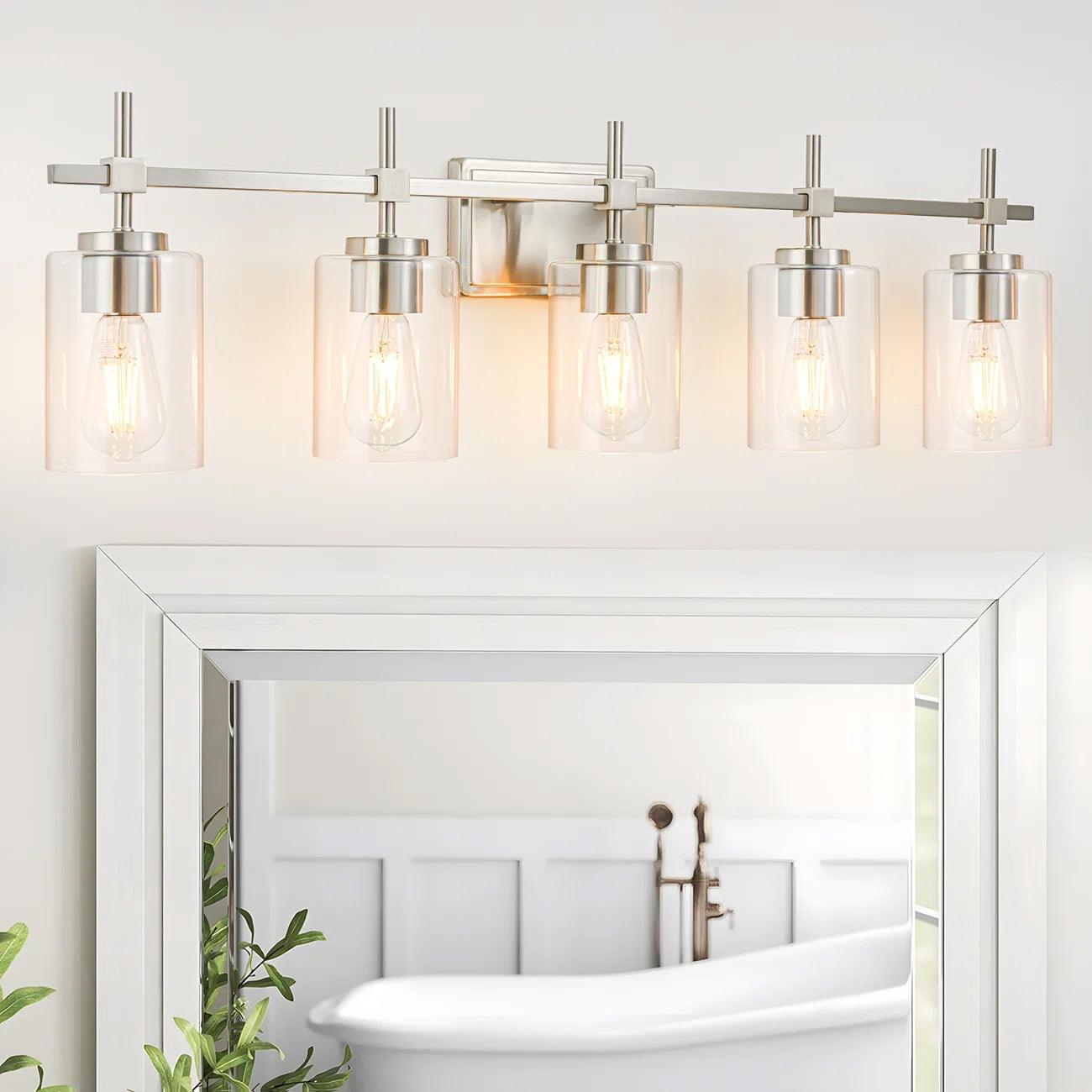 Brushed Nickel and Black Jasper Modern Clear Glass 5-Light Linear Vanity Light