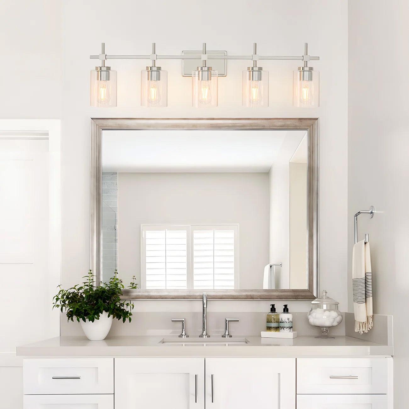Brushed Nickel and Black Jasper Modern Clear Glass 5-Light Linear Vanity Light