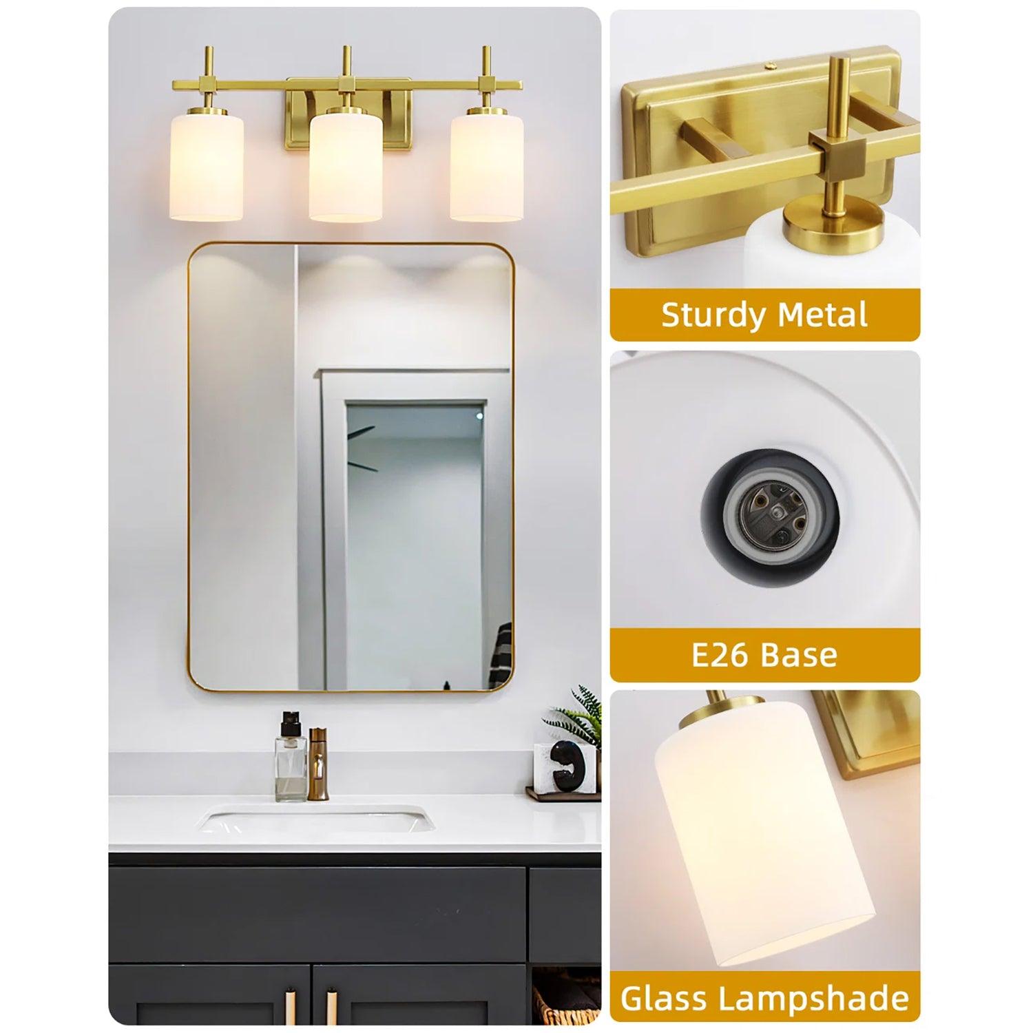 Frosted Glass Jasper Gold Modern 3-Light Bathroom Vanity Light
