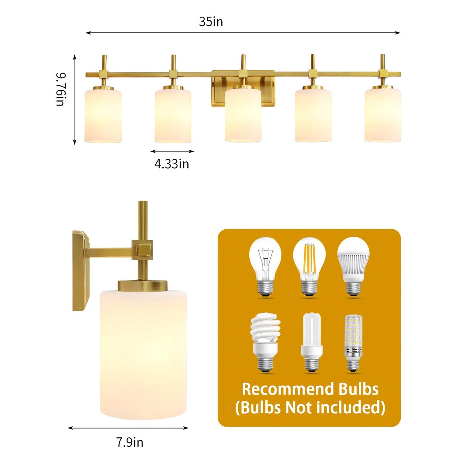 Frosted Glass Jasper Gold Modern 5-Light Bathroom Vanity Light