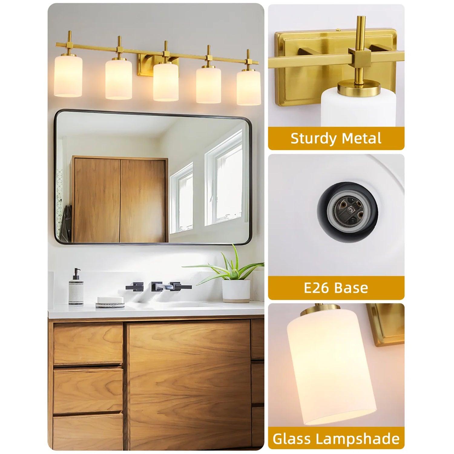 Frosted Glass Jasper Gold Modern 5-Light Bathroom Vanity Light