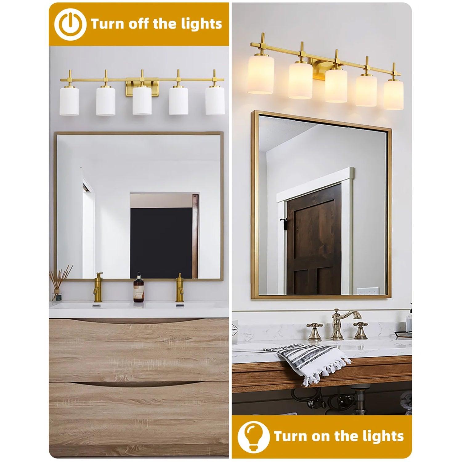 Frosted Glass Jasper Gold Modern 5-Light Bathroom Vanity Light