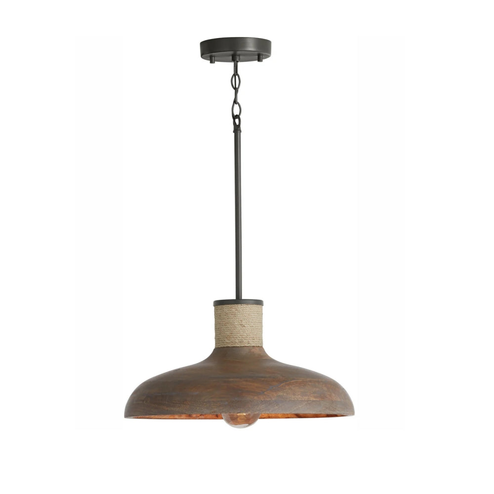 Rustic Industrial 1 - Light Wooden Pendant Light with Jute Rope Accent
