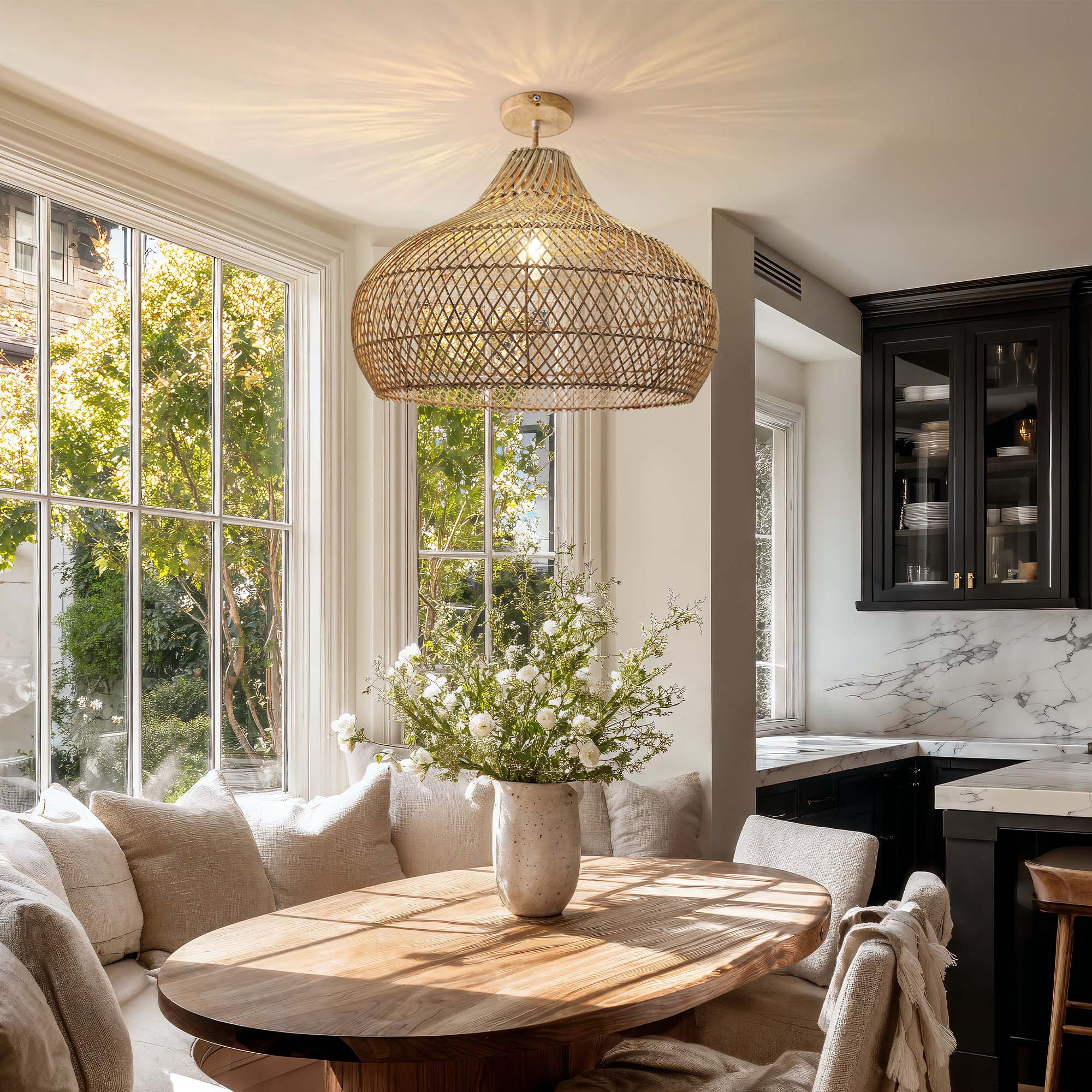 Kloe 18-Inch Elegant Handwoven Natural Rattan Flush Mount Light