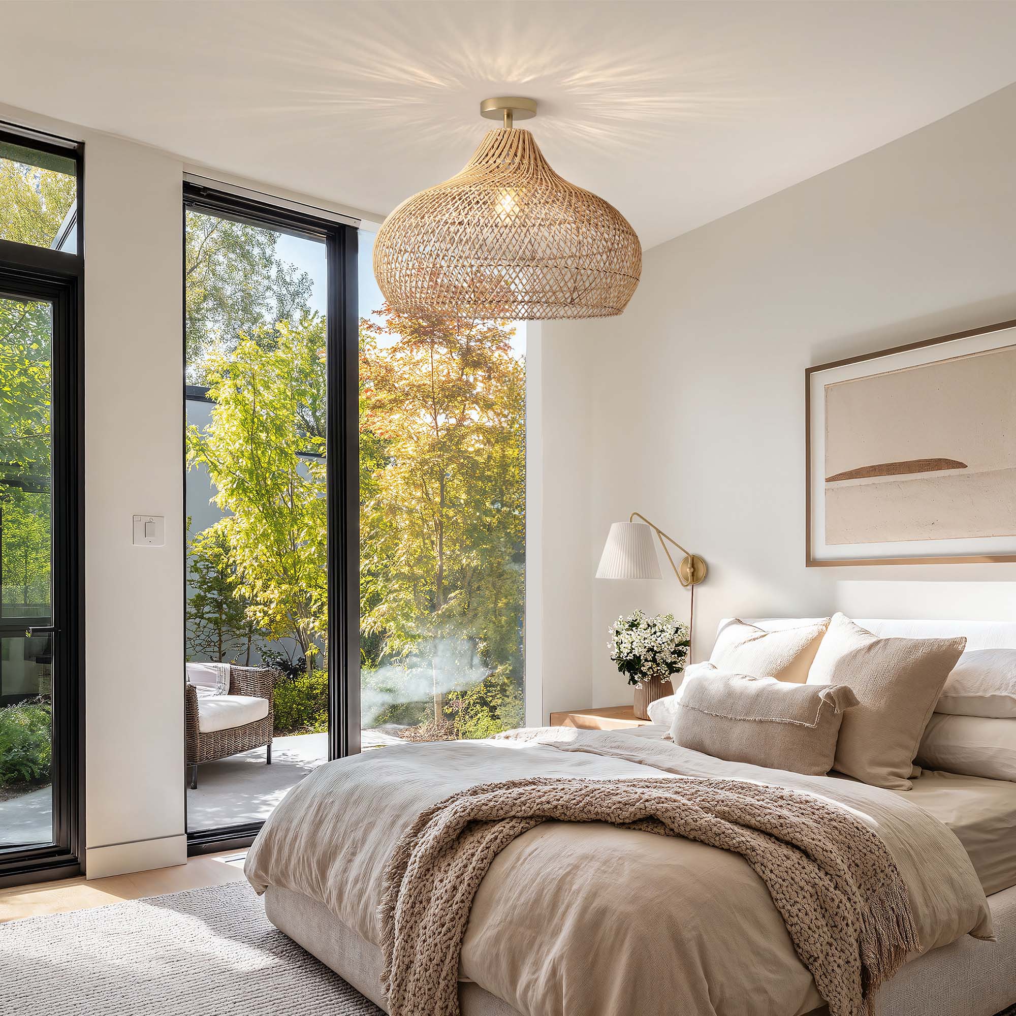 Kloe 18-Inch Elegant Handwoven Natural Rattan Flush Mount Light