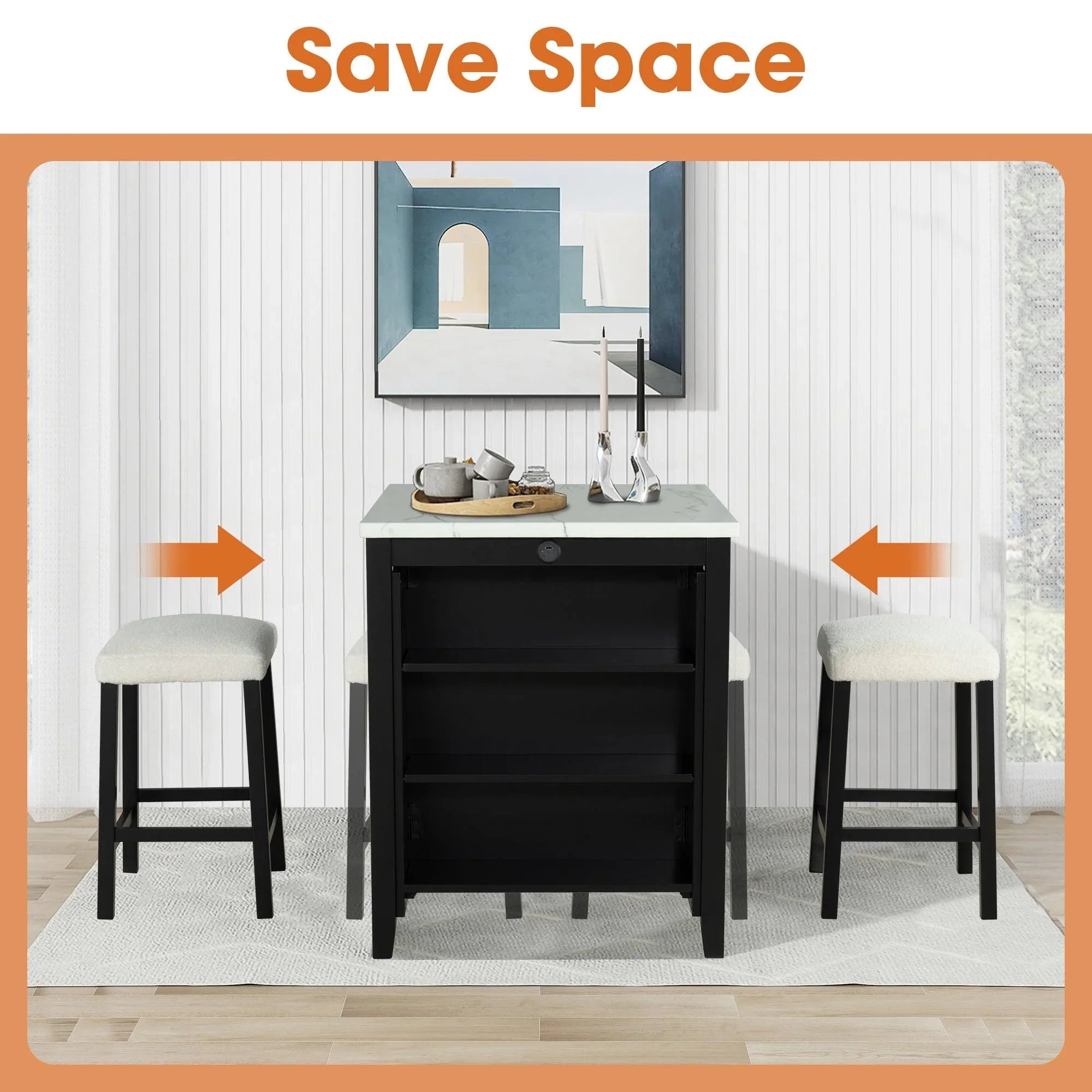 36" Contemporary Dining Table Set with High Gloss Finish and USB Charging