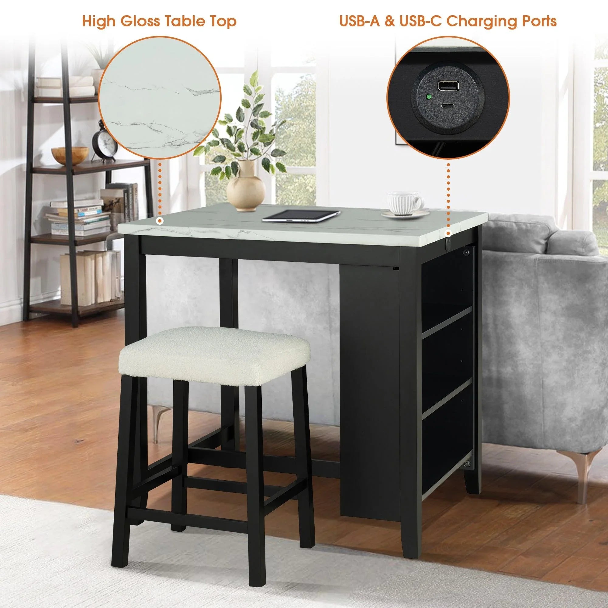 36" Contemporary Dining Table Set with High Gloss Finish and USB Charging