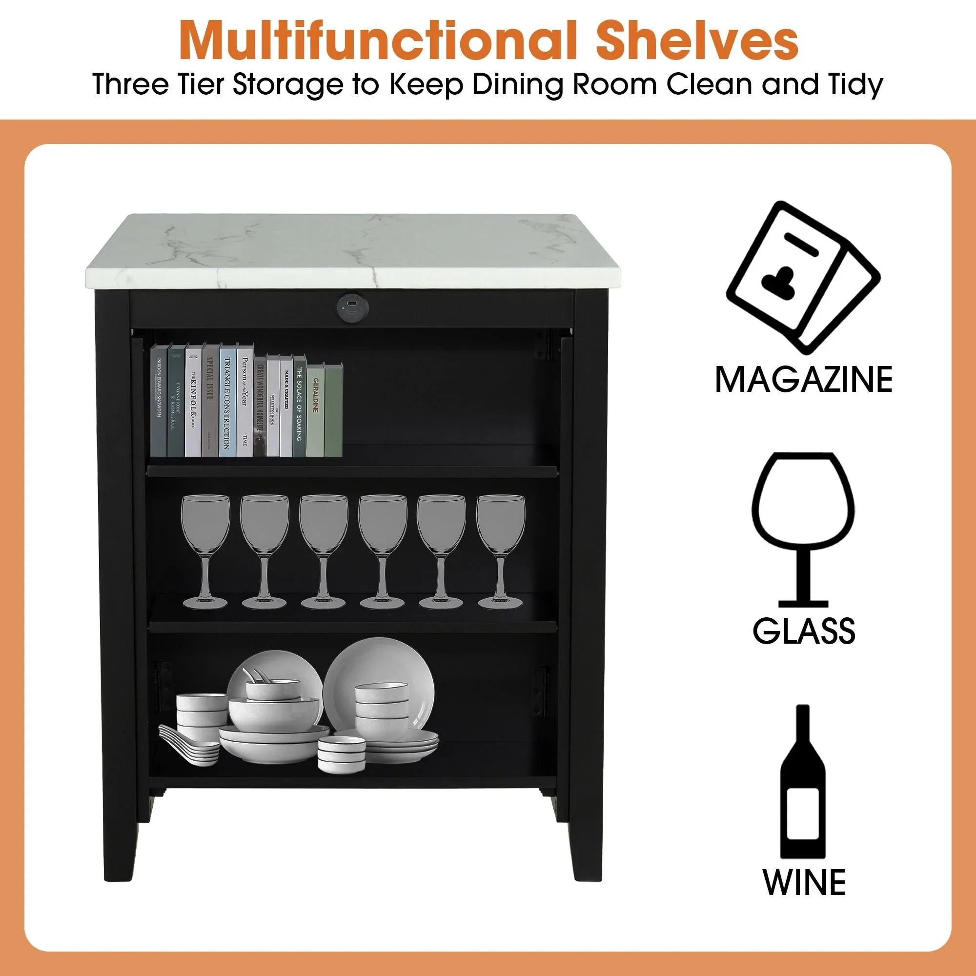 36" Contemporary Dining Table Set with High Gloss Finish and USB Charging