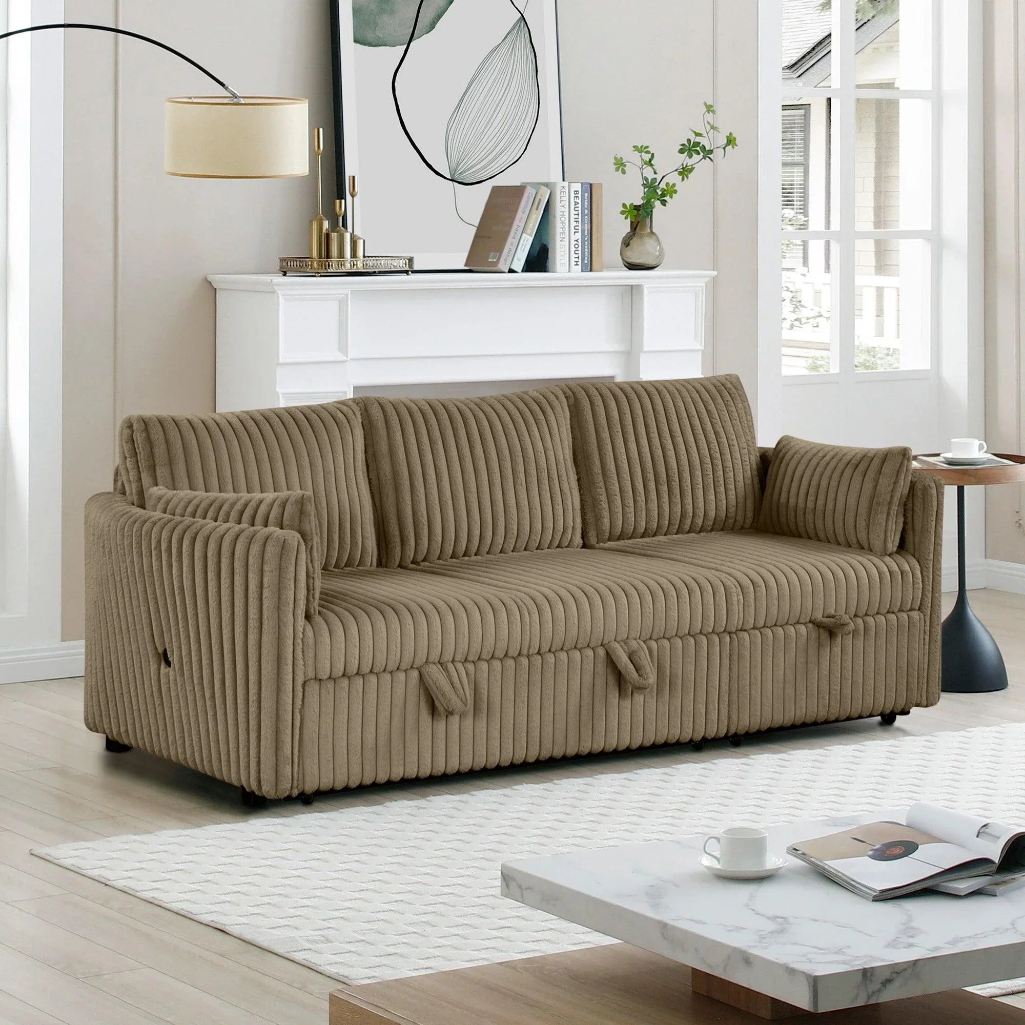 Brown Faux Fur Oversized Convertible Sleeper Sectional Sofa with Pull-Out Chair and USB Ports