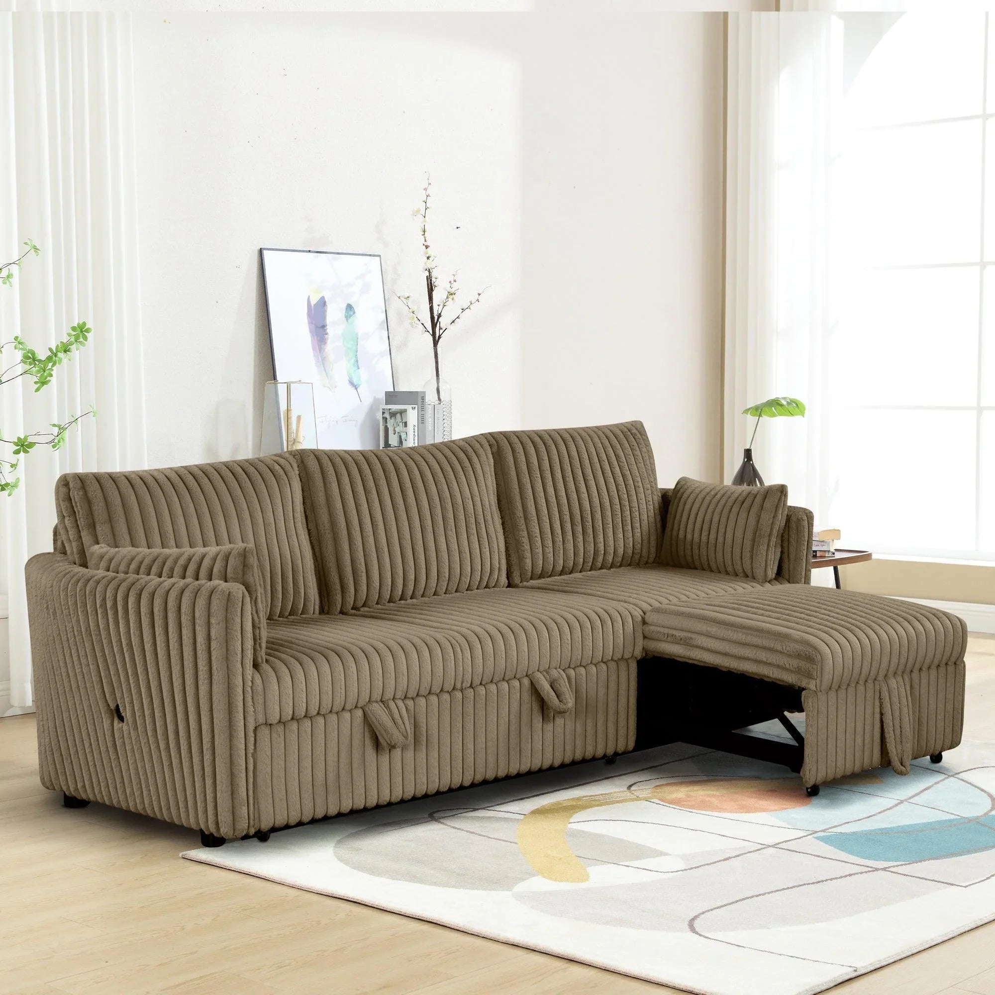 Brown Faux Fur Oversized Convertible Sleeper Sectional Sofa with Pull-Out Chair and USB Ports