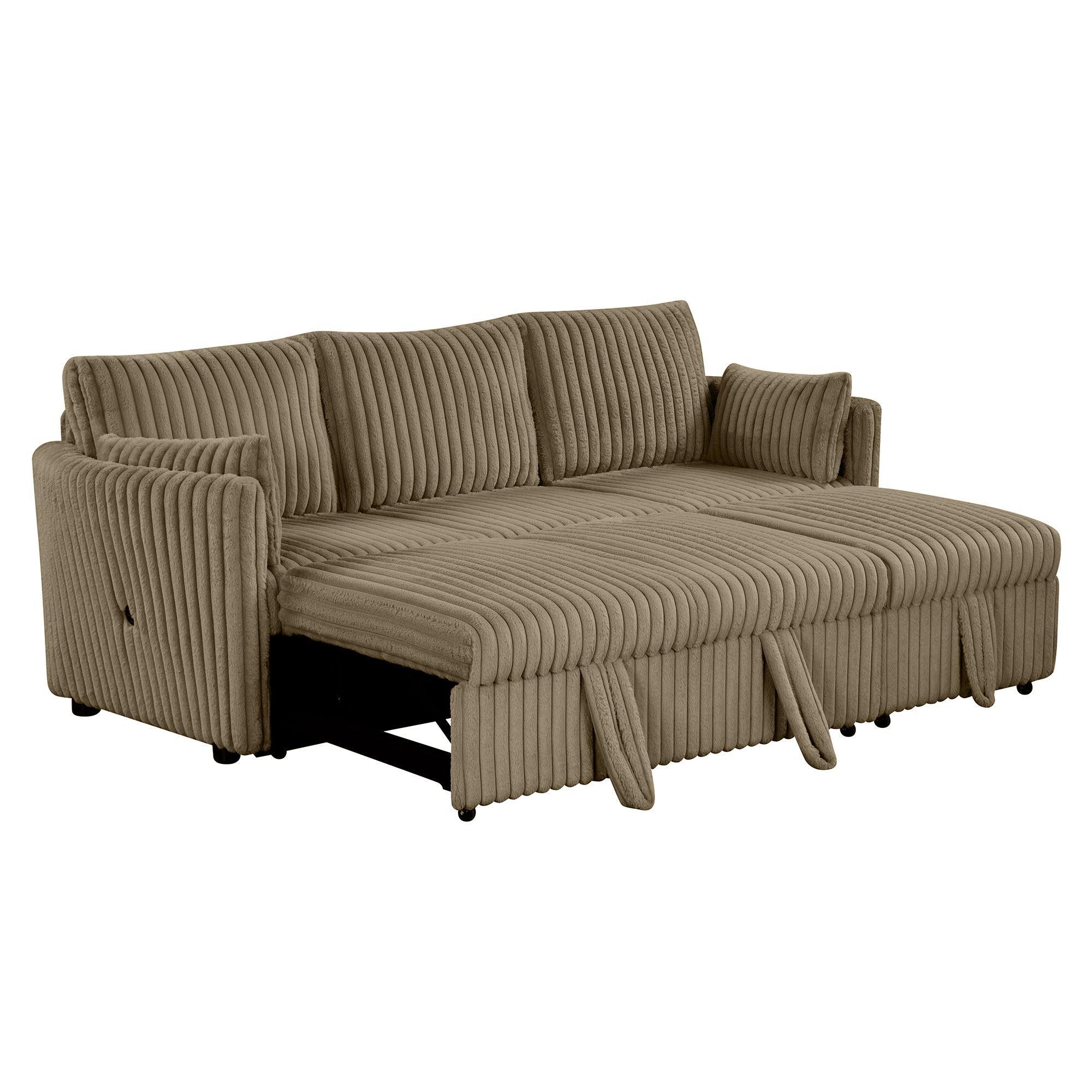 Brown Faux Fur Oversized Convertible Sleeper Sectional Sofa with Pull-Out Chair and USB Ports