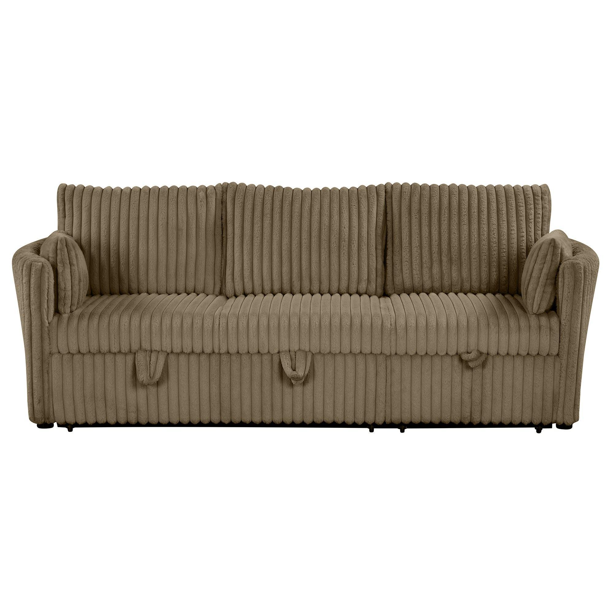 Brown Faux Fur Oversized Convertible Sleeper Sectional Sofa with Pull-Out Chair and USB Ports