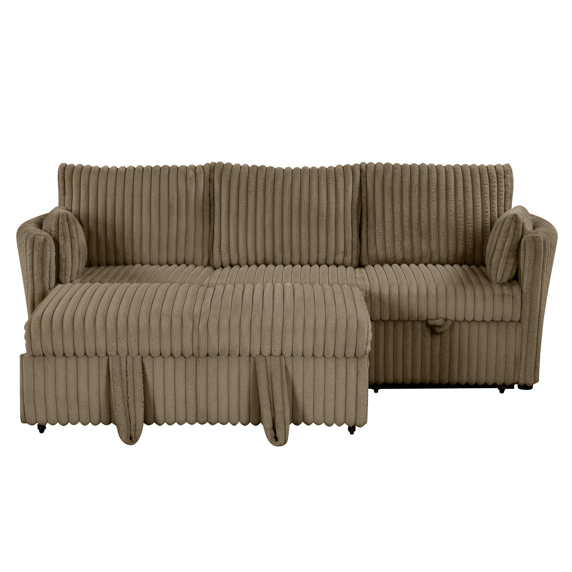Brown Faux Fur Oversized Convertible Sleeper Sectional Sofa with Pull-Out Chair and USB Ports