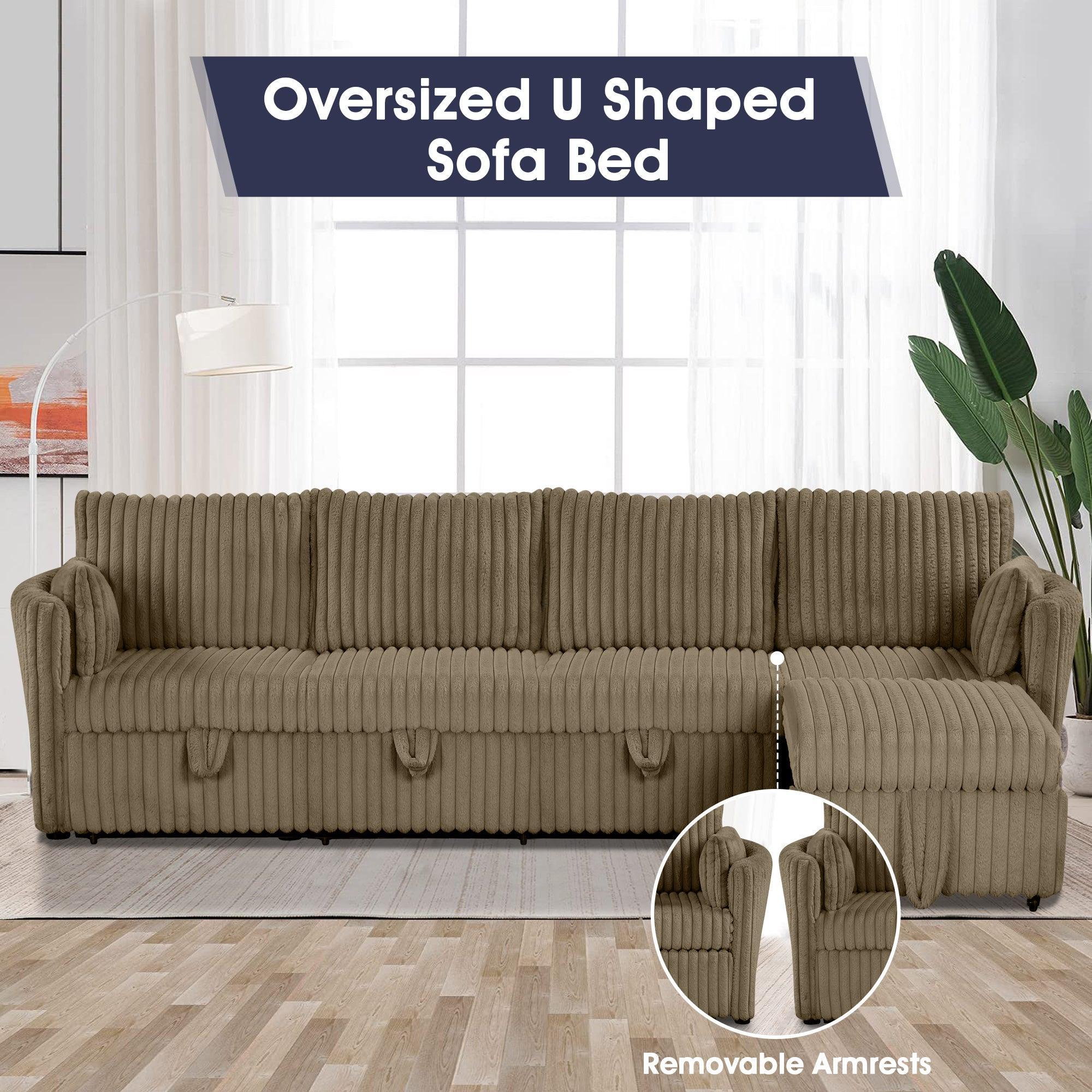 Brown Faux Fur Oversized Convertible Sleeper Sectional Sofa with Pull-Out Chair and USB Ports