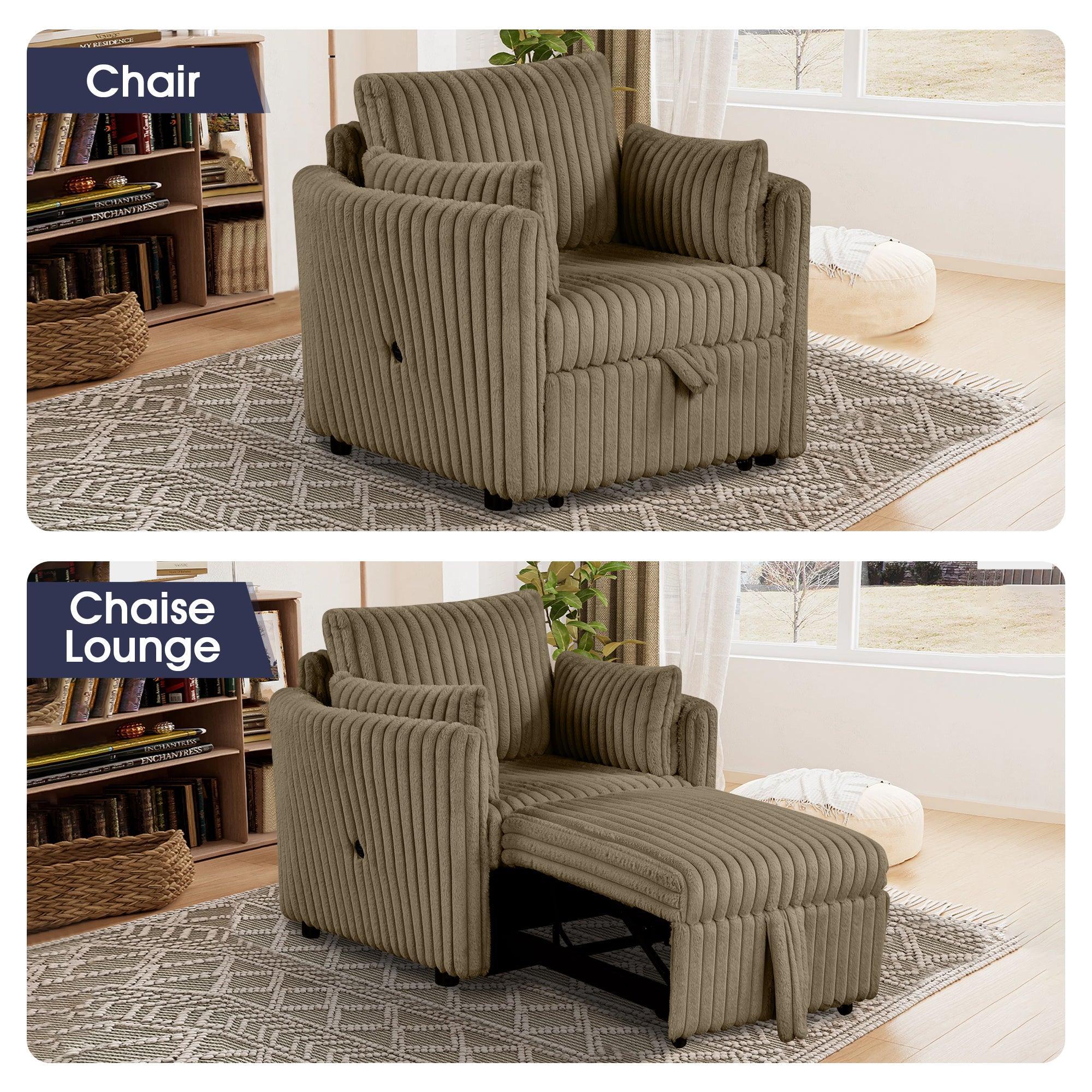Brown Faux Fur Oversized Convertible Sleeper Sectional Sofa with Pull-Out Chair and USB Ports
