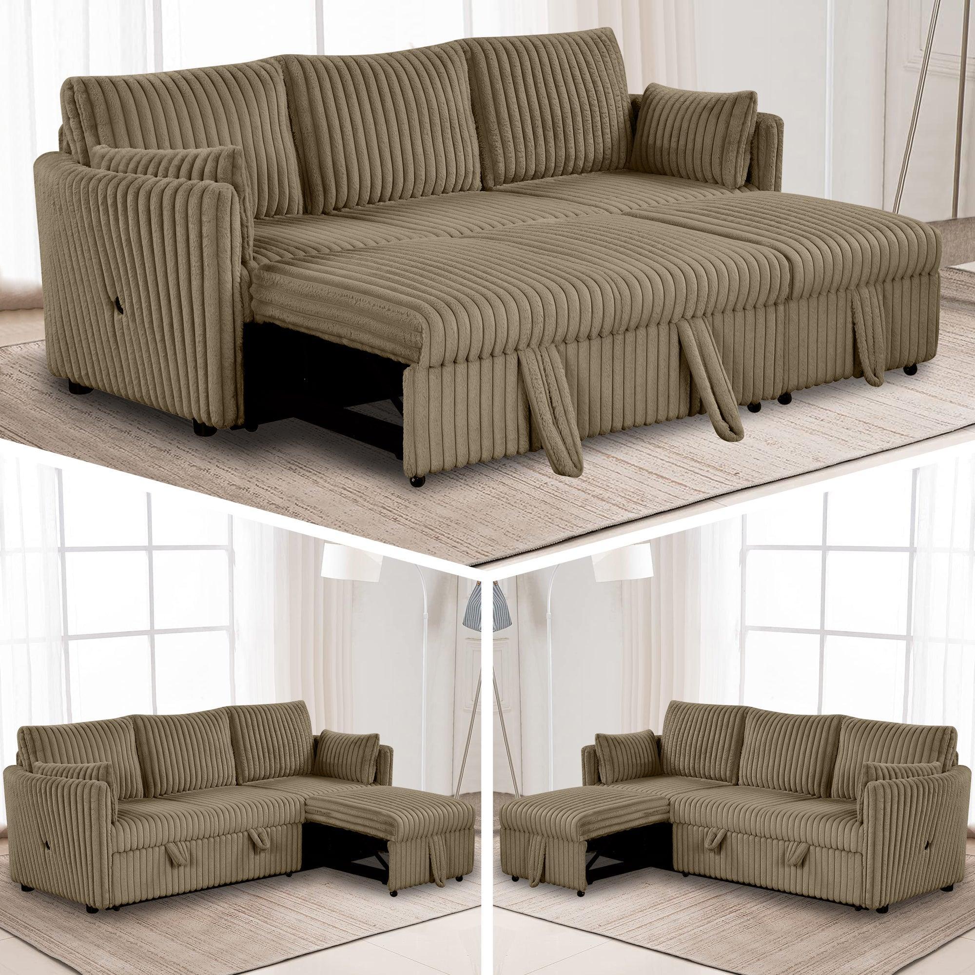 Brown Faux Fur Oversized Convertible Sleeper Sectional Sofa with Pull-Out Chair and USB Ports