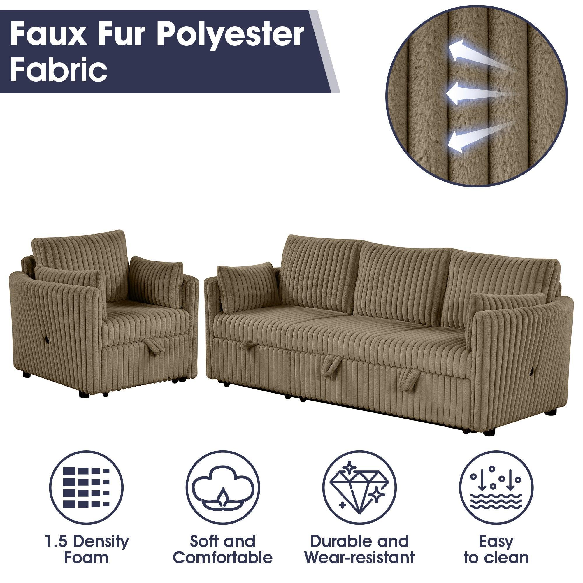 Brown Faux Fur Oversized Convertible Sleeper Sectional Sofa with Pull-Out Chair and USB Ports